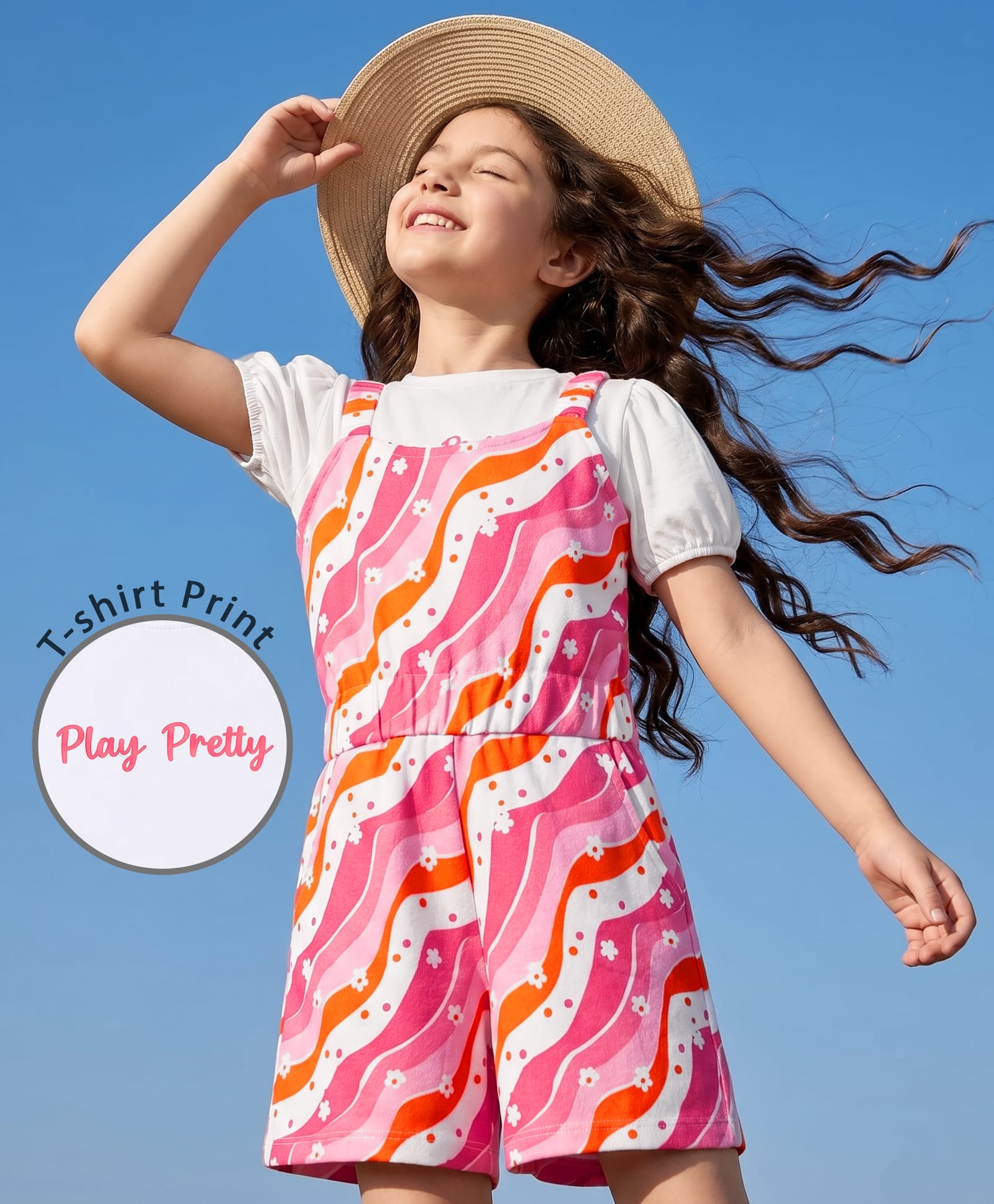 OLLINGTON ST. Single Jersey Knit Knee Length Dungaree with Half Sleeves Printed Inner Tee - White & Pink-picture-20