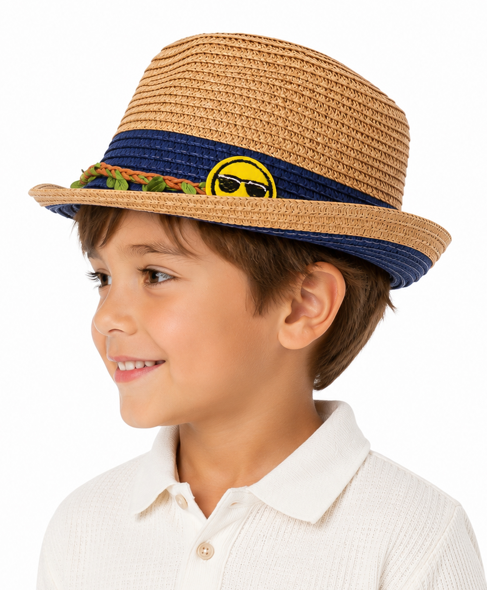 Vritraz Cotton Woven Smiley Applique Fedora Hat - Beige - Circumference 52-56 Cm-image-34