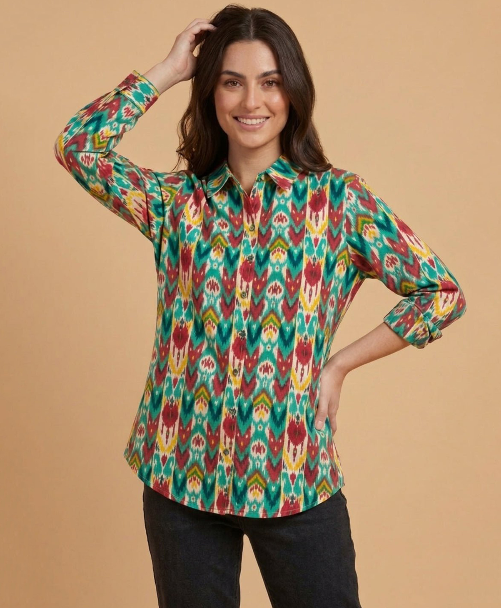 The Mom Store Cotton Woven Full Sleeves Ikat Printed Maternity Oversized Shirt - Multi Colour-image-10