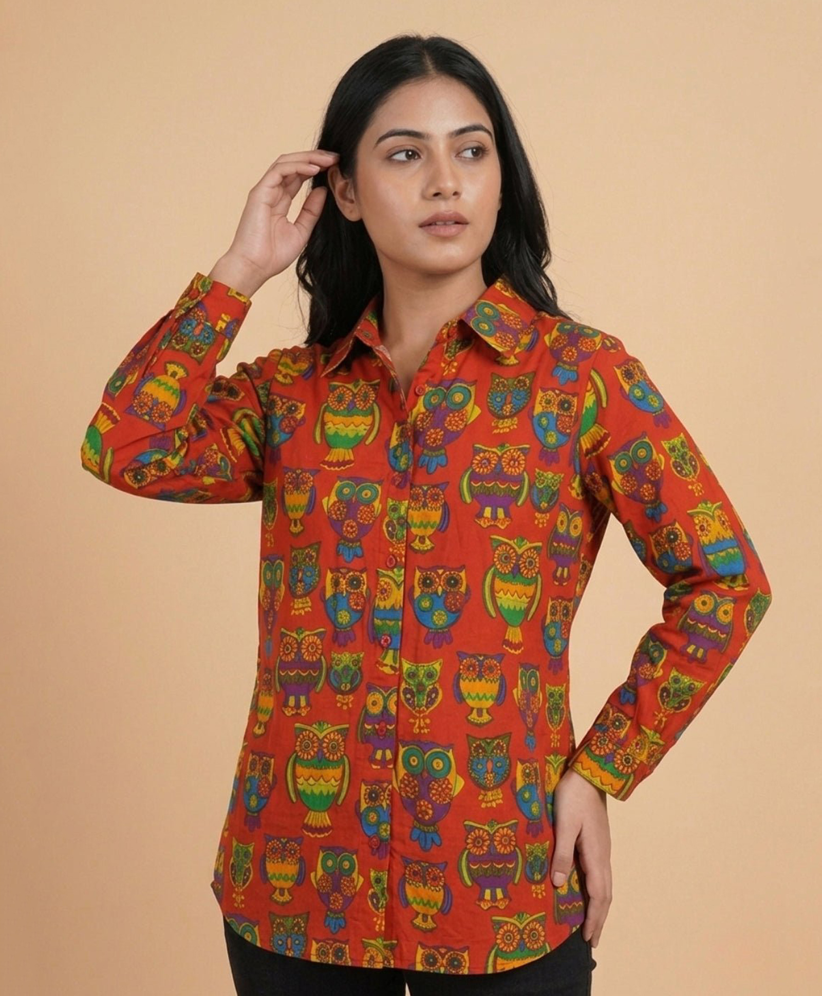 The Mom Store Cotton Woven Full Sleeves Owl Printed Maternity Oversized Shirt - Red-image-24
