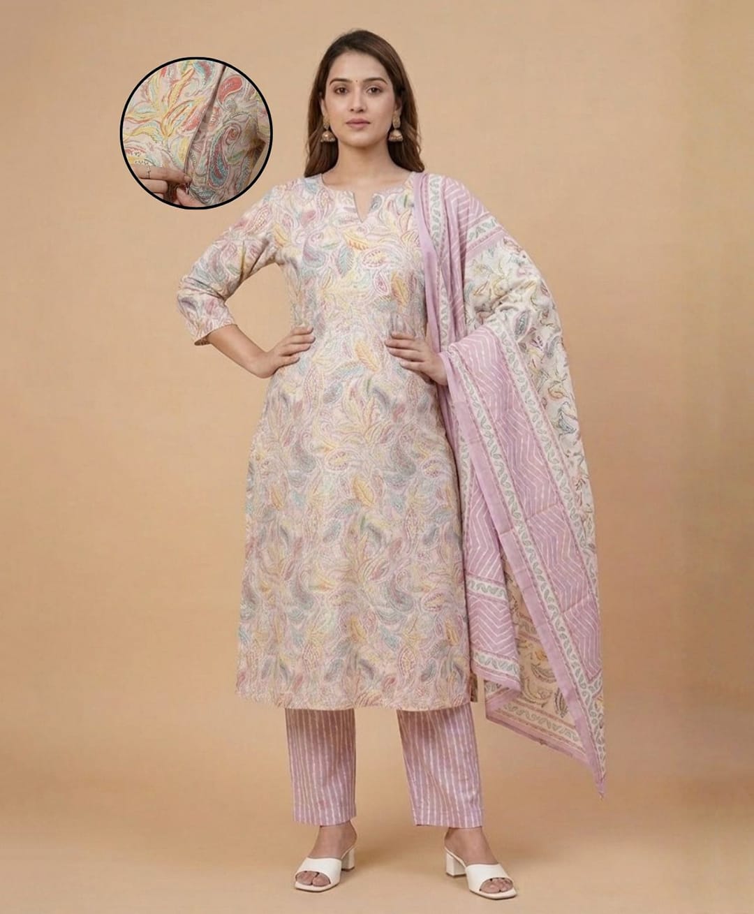 The Mom Store Cotton Woven Three Fourth Sleeves Leaves Printed Maternity Kurti With Side Zipper Nursing Access & Pants With Dupatta Set - Multi Colour-picture-11