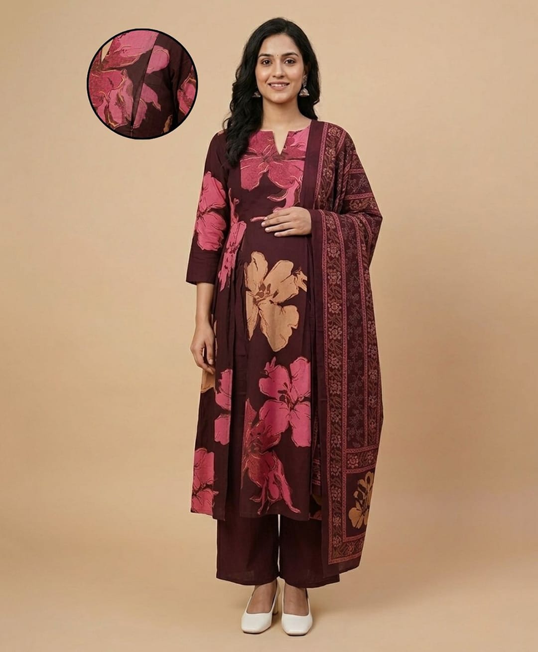 The Mom Store Cotton Woven Three Fourth Sleeves Floral Printed Maternity Kurti With Side Zipper Nursing Access & Pants With Dupatta Set - Maroon-picture-35