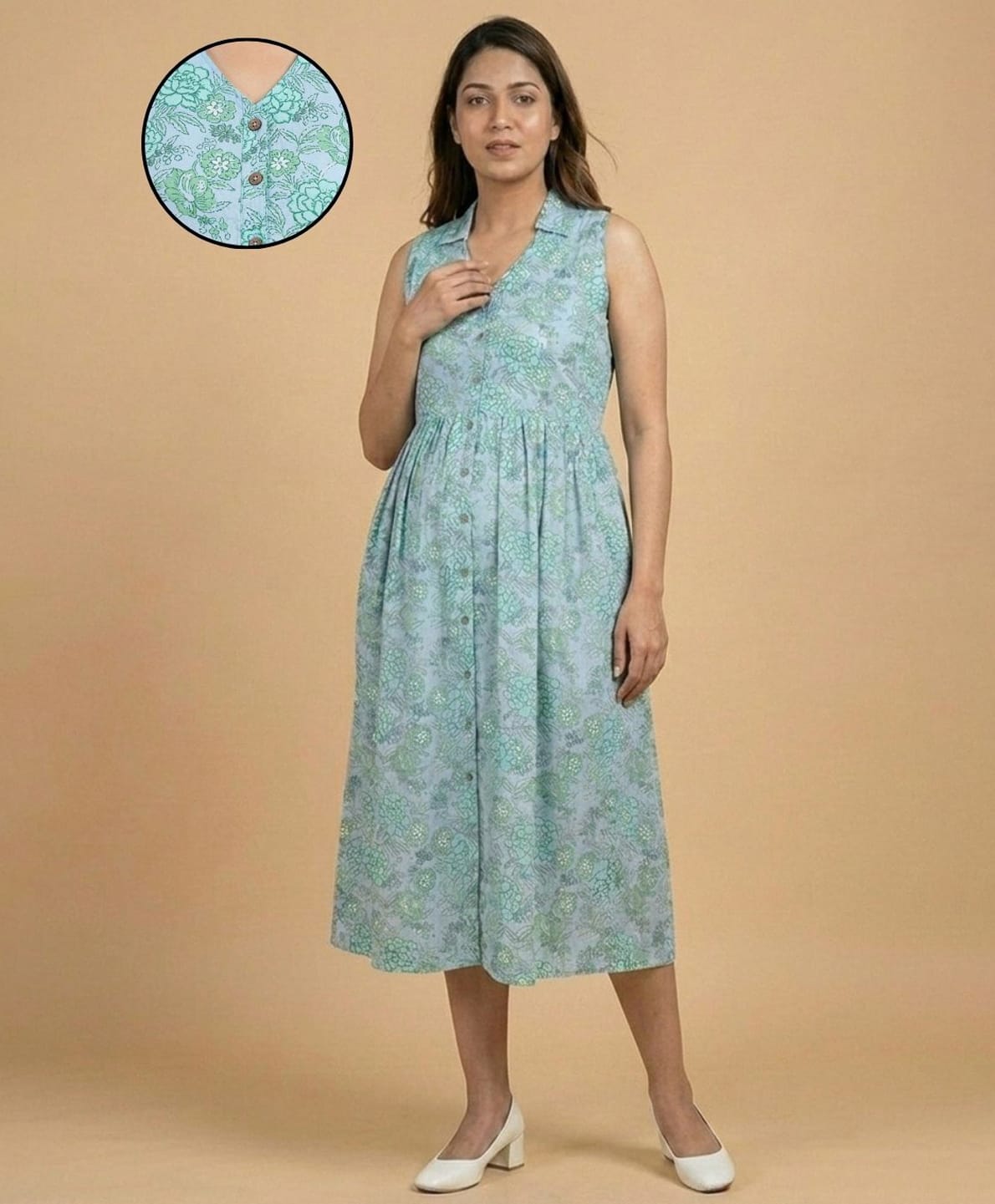 The Mom Store Cotton Woven Sleeveless Floral Printed Maternity Dress With Front Button Nursing Access - Grey-picture-27