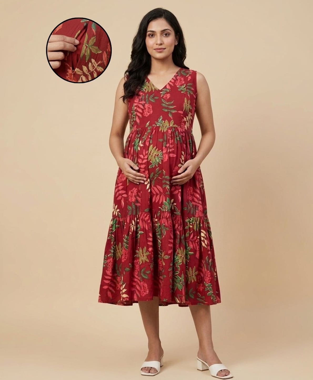 The Mom Store Cotton Woven Sleeveless Floral Printed Maternity Dress With Side Zipper Nursing Access - Red-image-42