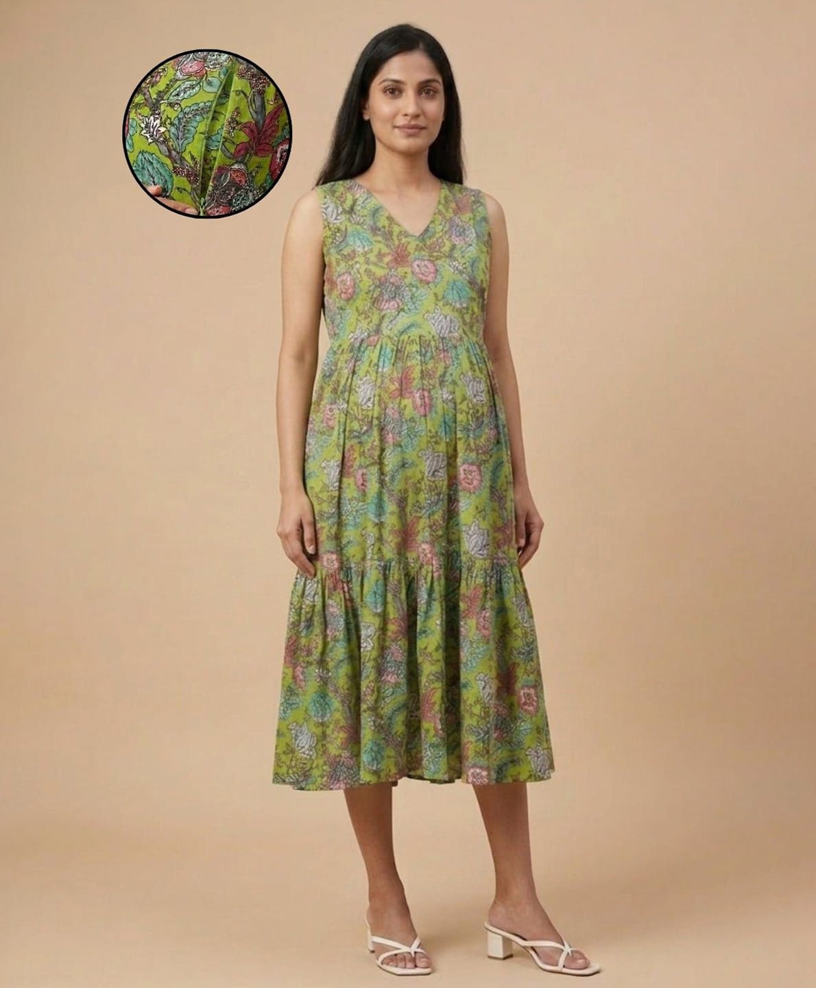 The Mom Store Cotton Woven Sleeveless Floral Printed Maternity Dress With Side Zipper Nursing Access - Green-picture-41