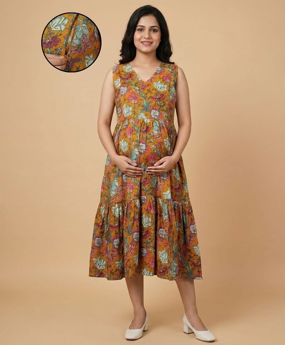 The Mom Store Cotton Woven Sleeveless Floral Printed Maternity Dress With Side Zipper Nursing Access - Yellow-image-44