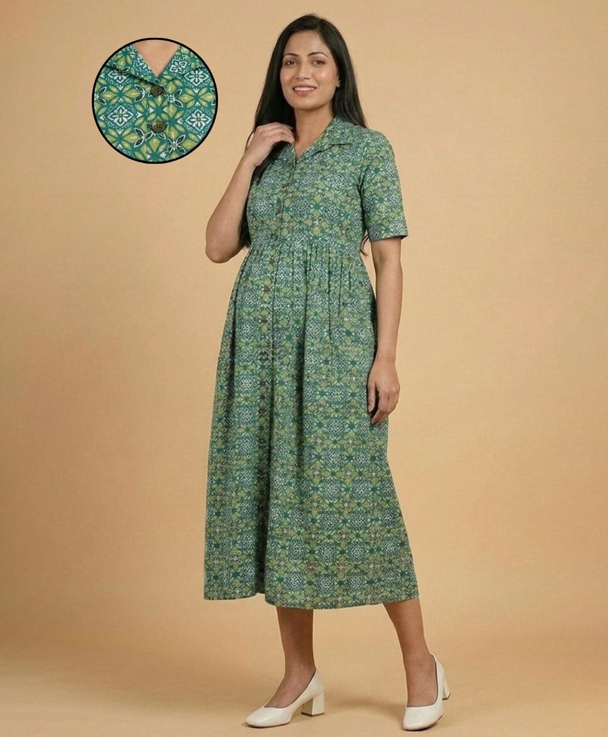 The Mom Store Cotton Woven Half Sleeves Abstract Printed Maternity Dress With Front Button Nursing Access - Teal-picture-28