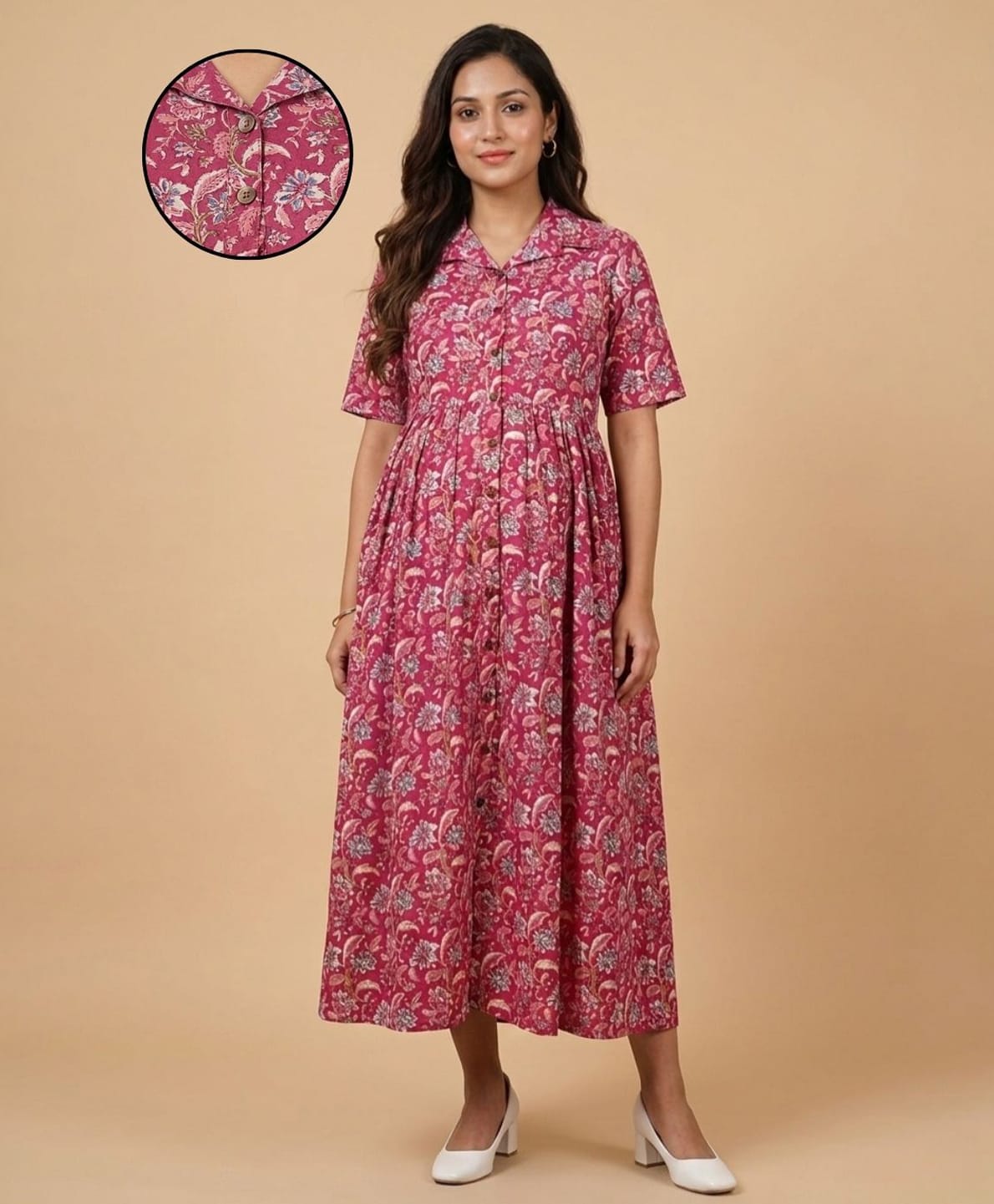 The Mom Store Cotton Woven Half Sleeves Floral Printed Maternity Dress With Front Button Nursing Access - Fuchsia-picture-16
