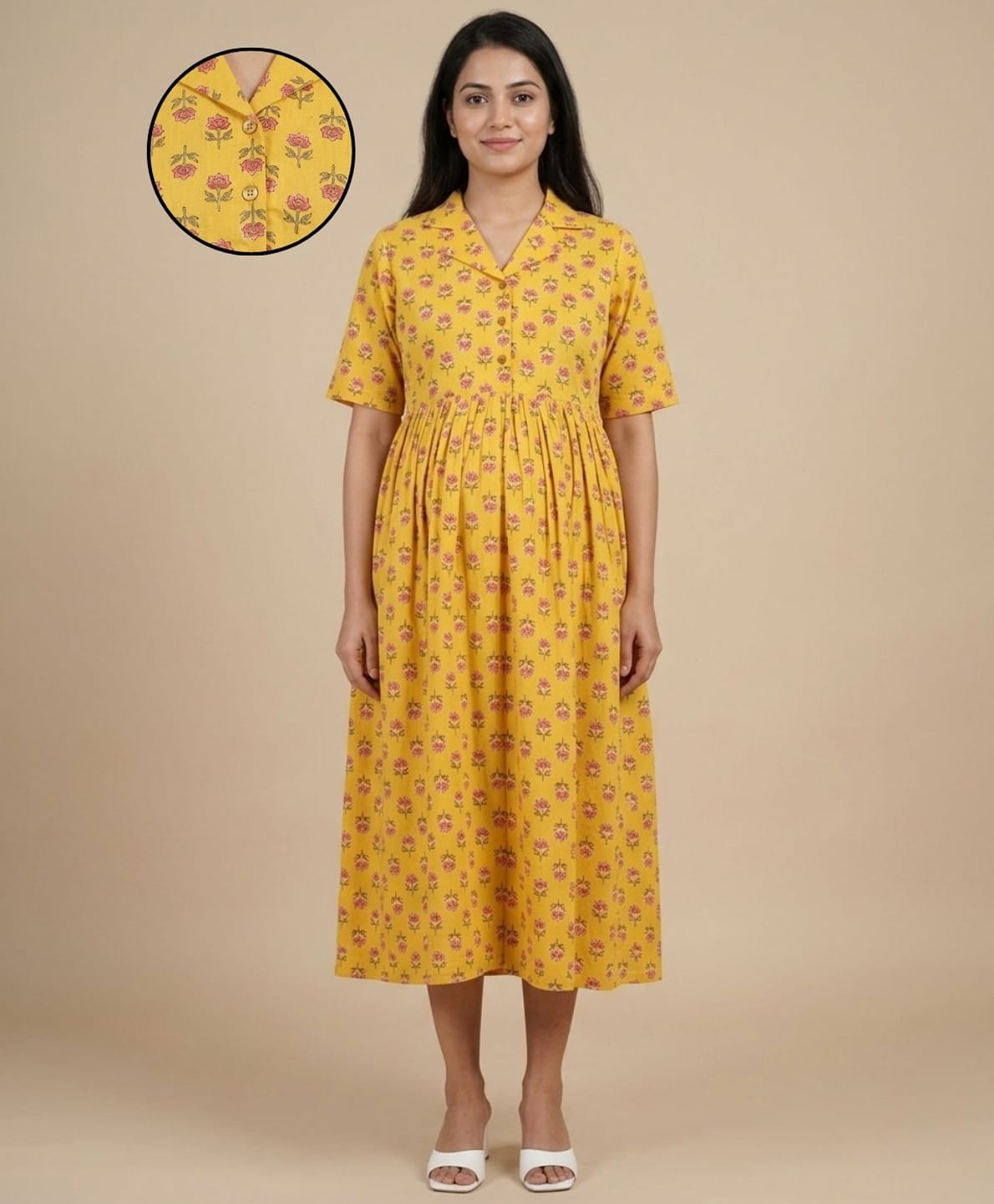 The Mom Store Cotton Woven Half Sleeves Floral Printed Maternity Dress With Front Button Nursing Access - Yellow-picture-42