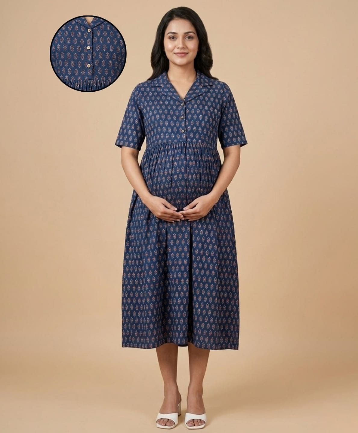 The Mom Store Cotton Woven Half Sleeves Floral Printed Maternity Dress With Front Button Nursing Access - Navy Blue-picture-13