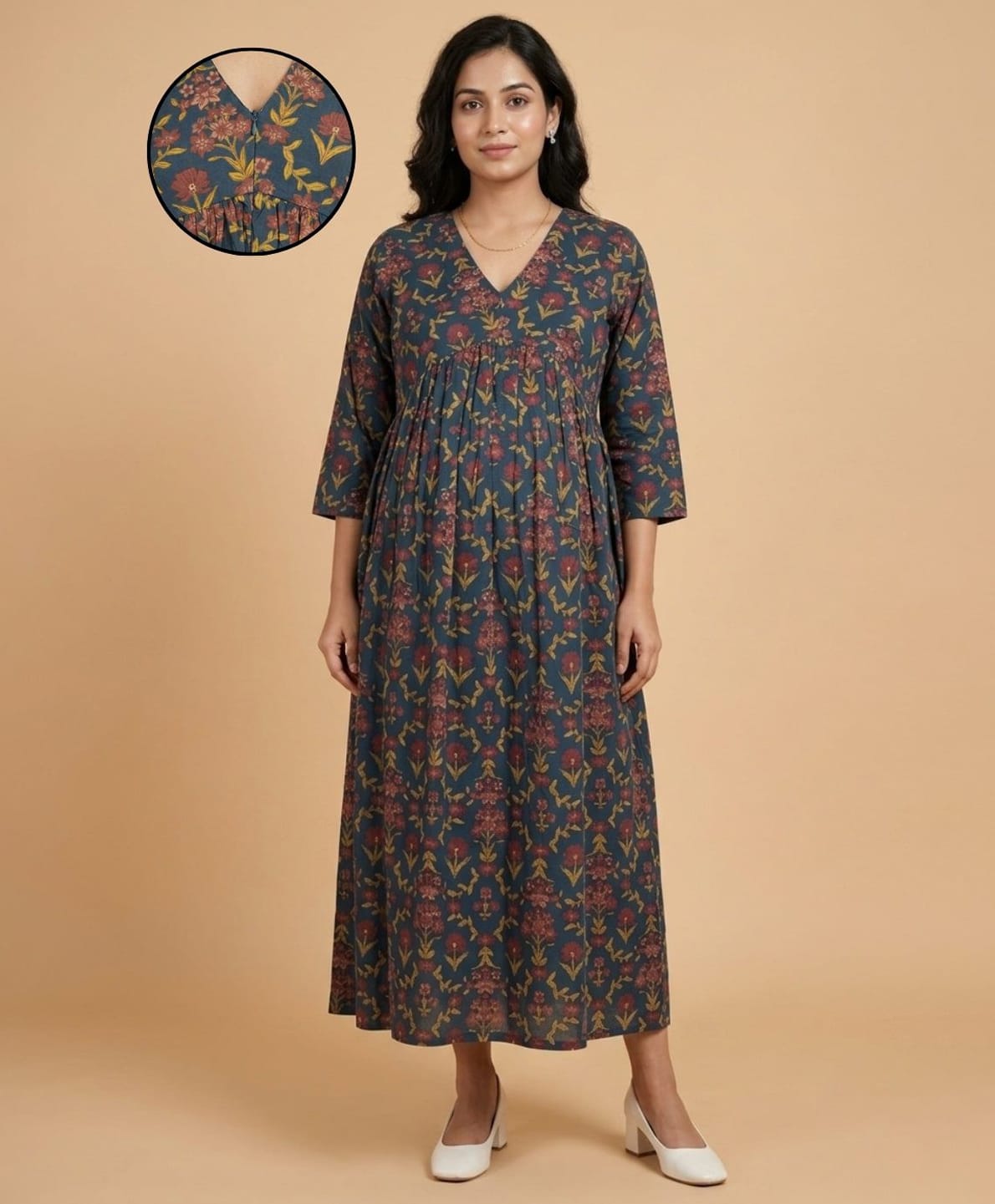 The Mom Store Cotton Woven Three Fourth Sleeves Floral Printed Maternity Dress With Front Zipper Nursing Access - Multi Colour-picture-45