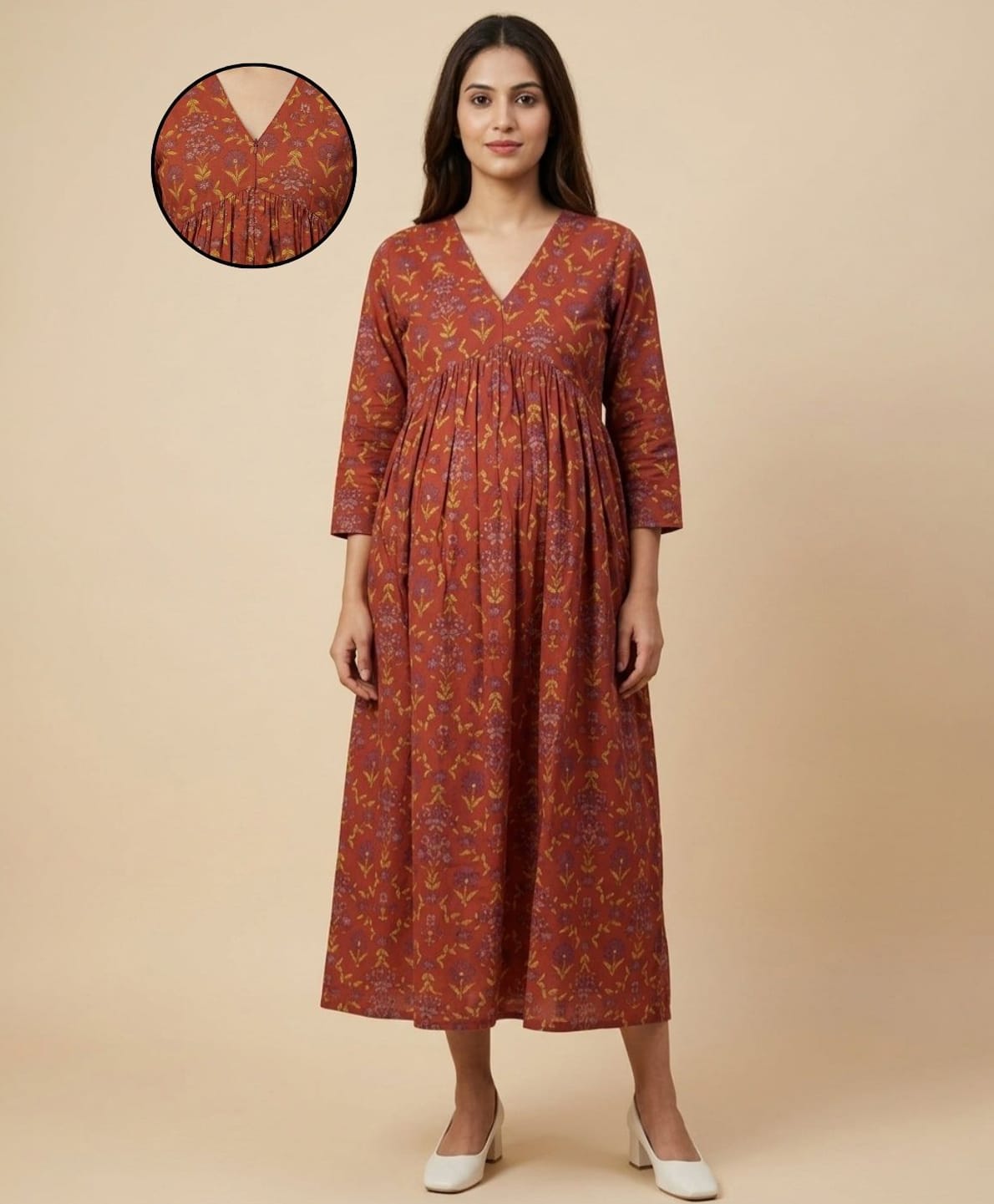 The Mom Store Cotton Woven Three Fourth Sleeves Floral Printed Maternity Dress With Front Zipper Nursing Access - Rust-picture-19