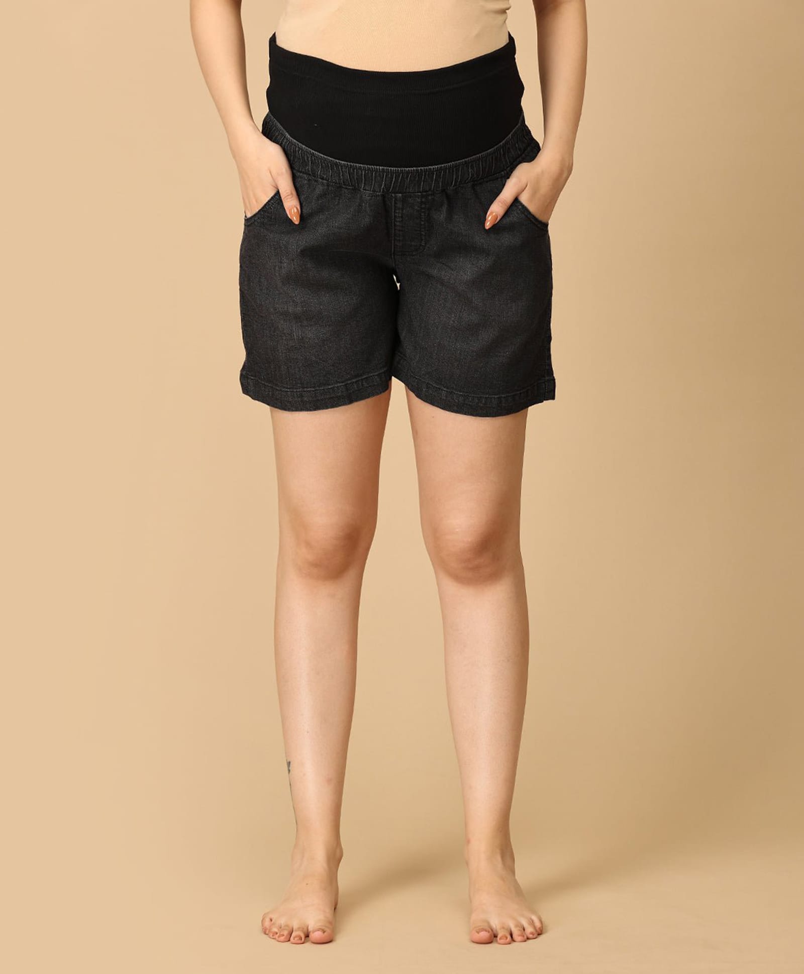The Mom Store Cotton Denim Solid Maternity Shorts - Black-picture-15