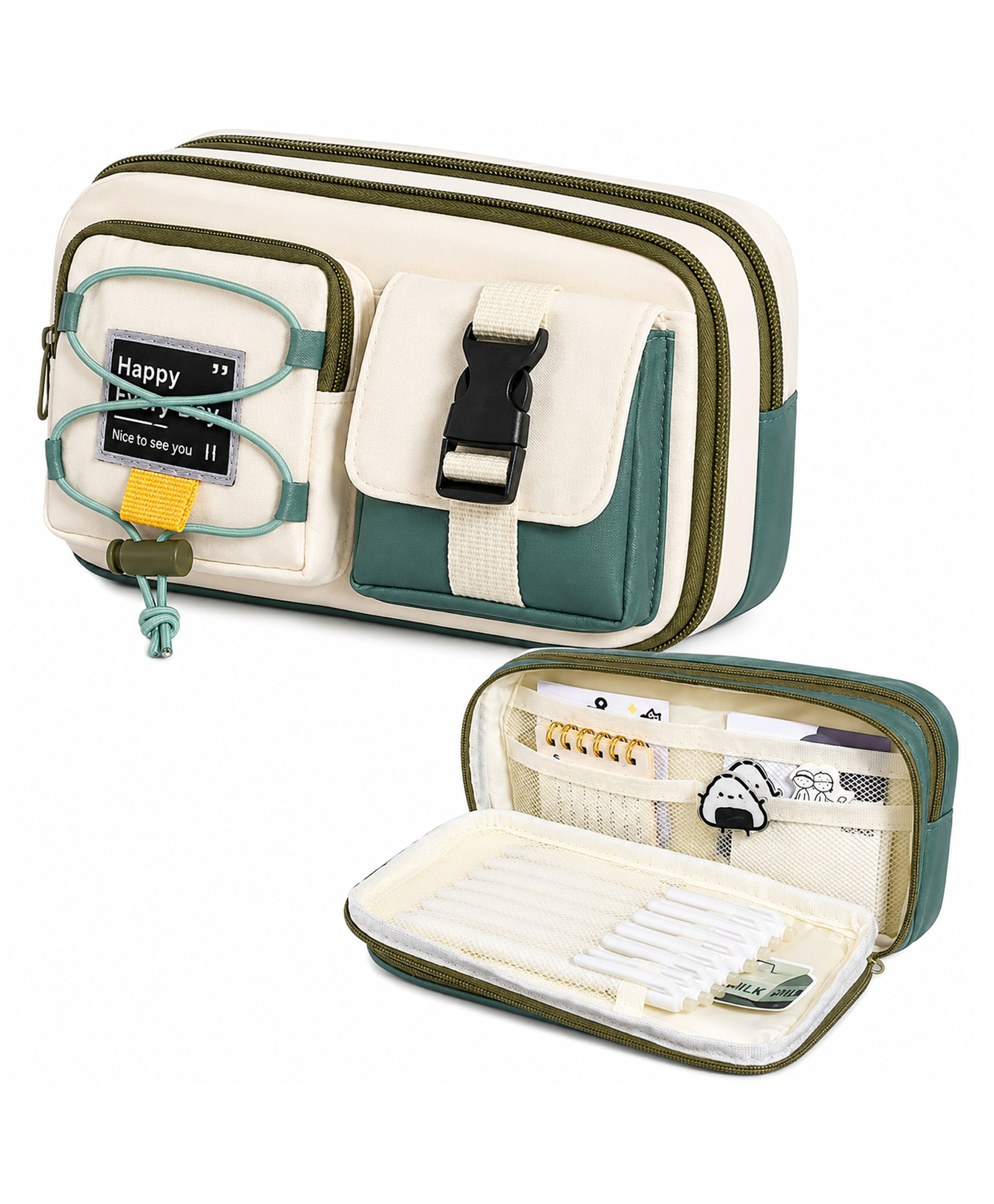 MANAKI ENTERPRISE Multi-Compartment Pencil Pouch Large Capacity Pen Case with Zipper & Buckle Pocket, Durable Canvas Stationery Organizer for School, Stylish Storage Case - Cream White & Sage Green-image-46