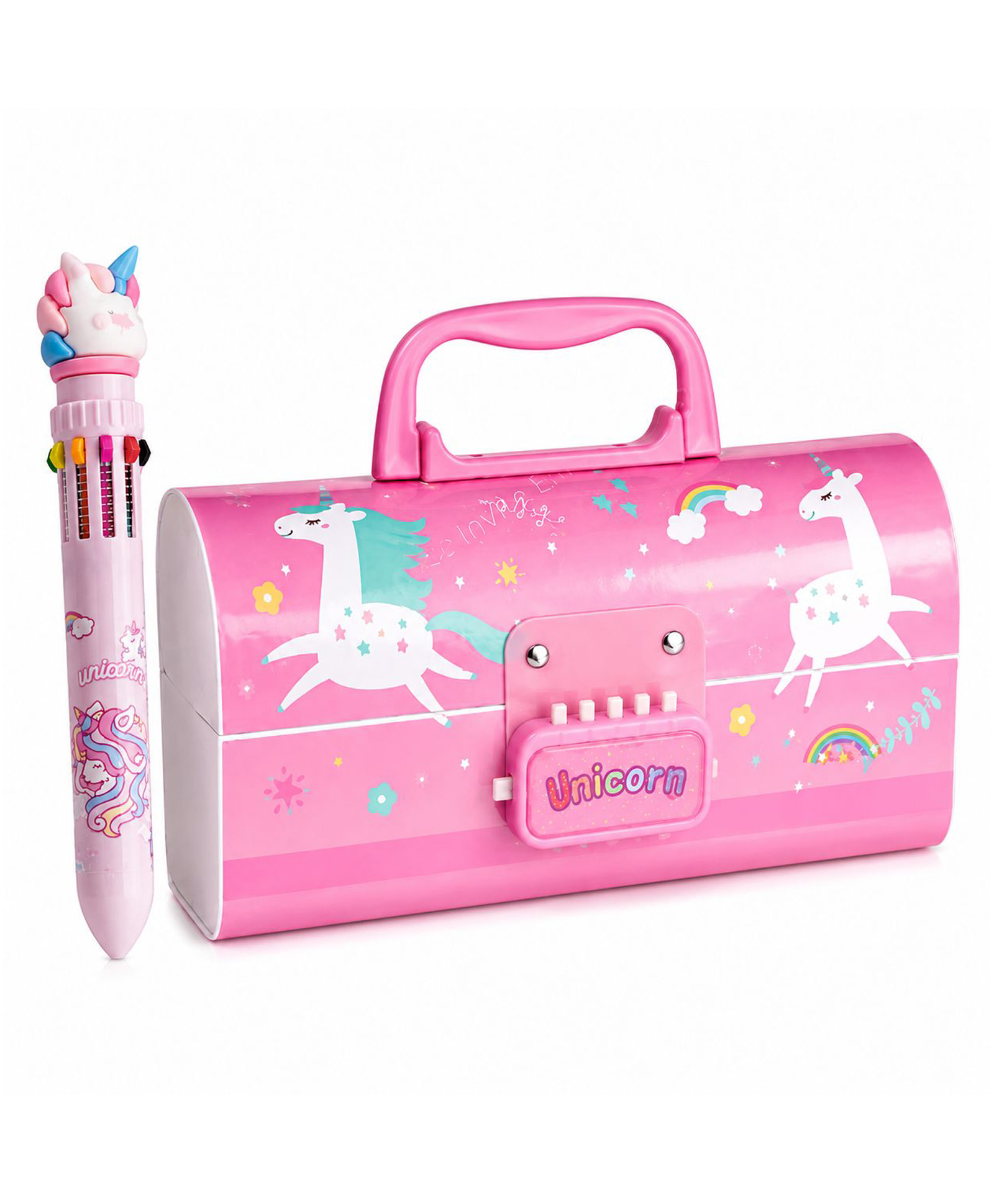 MANAKI ENTERPRISE Plastic Unicorn Pink Pencil Box Suitcase-Style Password-Lock Multi-Layer Pencil Box & 10 Colour-Ball Pen As Gift For, Stationery Organizer Case Return Gift For Children's - Pink-image-3