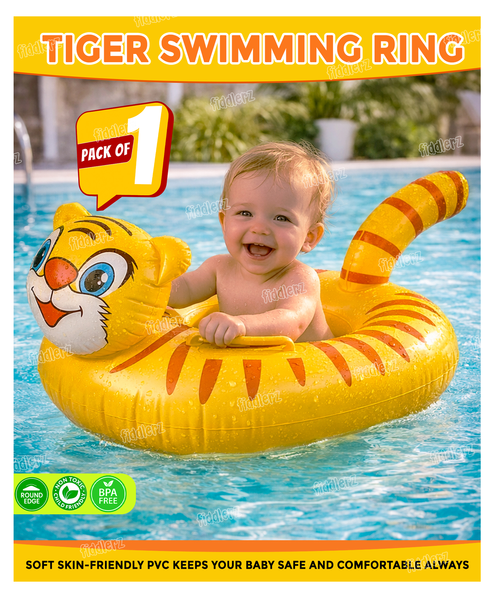 Fiddlerz Inflatable Swimming Float Tiger Shape Ring Mat for Pool and Beach Water Swimming Ring Tube for Kids Summer Funny Pool Party Toys(Yellow)-picture-16