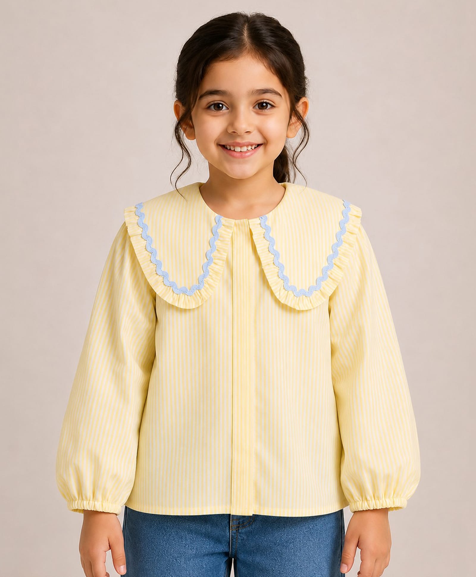 Aww Hunnie Cotton Woven Full Puffed Sleeves Striped & Ric Rac Lace Embellished Top - Yellow-image-33