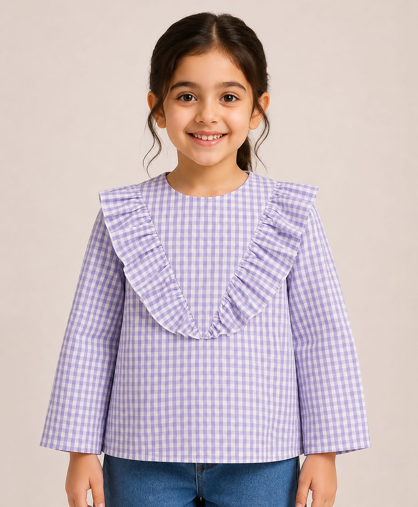 Aww Hunnie Cotton Woven Full Sleeves Checked & Frill Detailed Top - Mauve-image-49