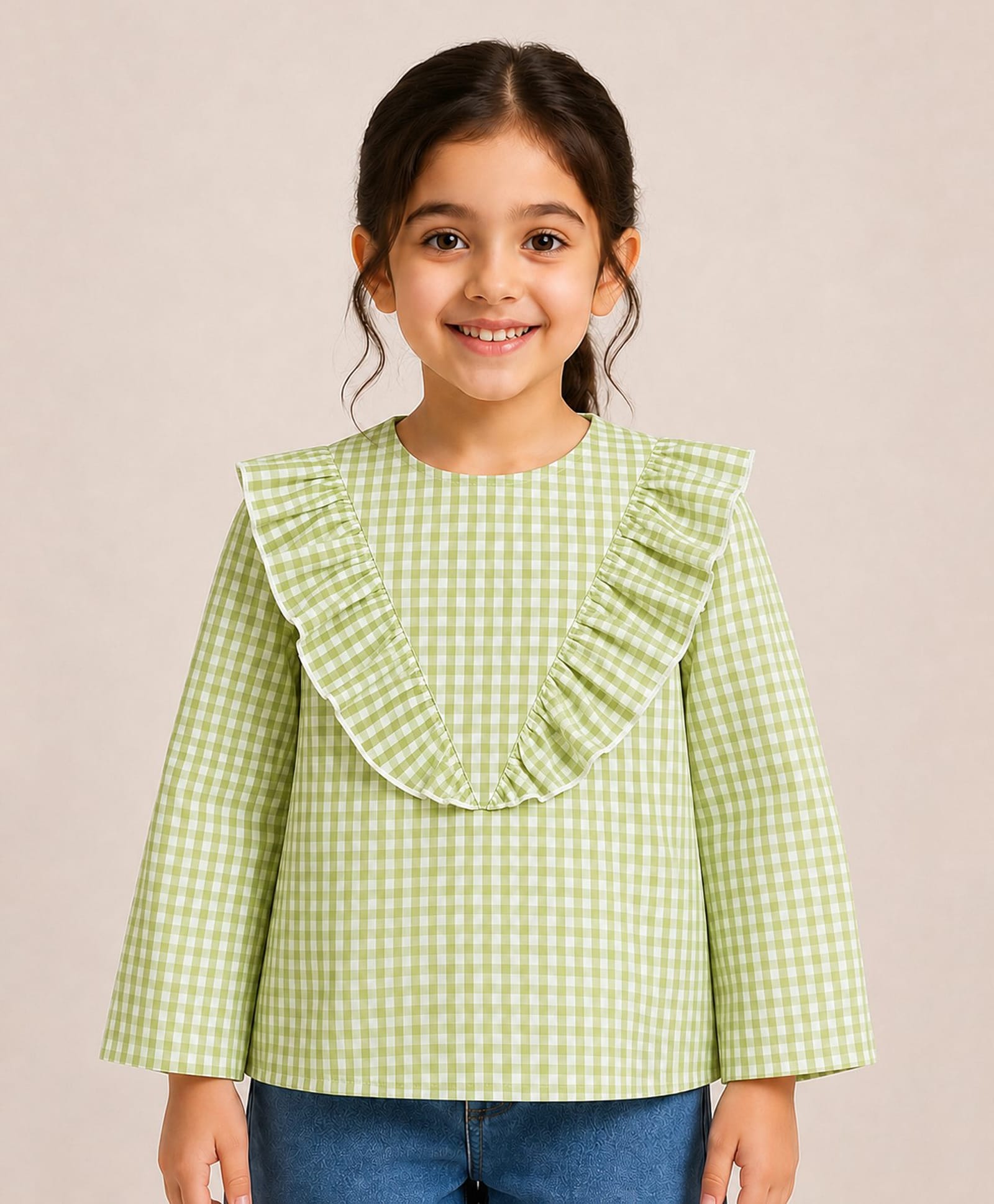 Aww Hunnie Cotton Woven Full Sleeves Checked & Frill Detailed Top - Light Green-picture-23