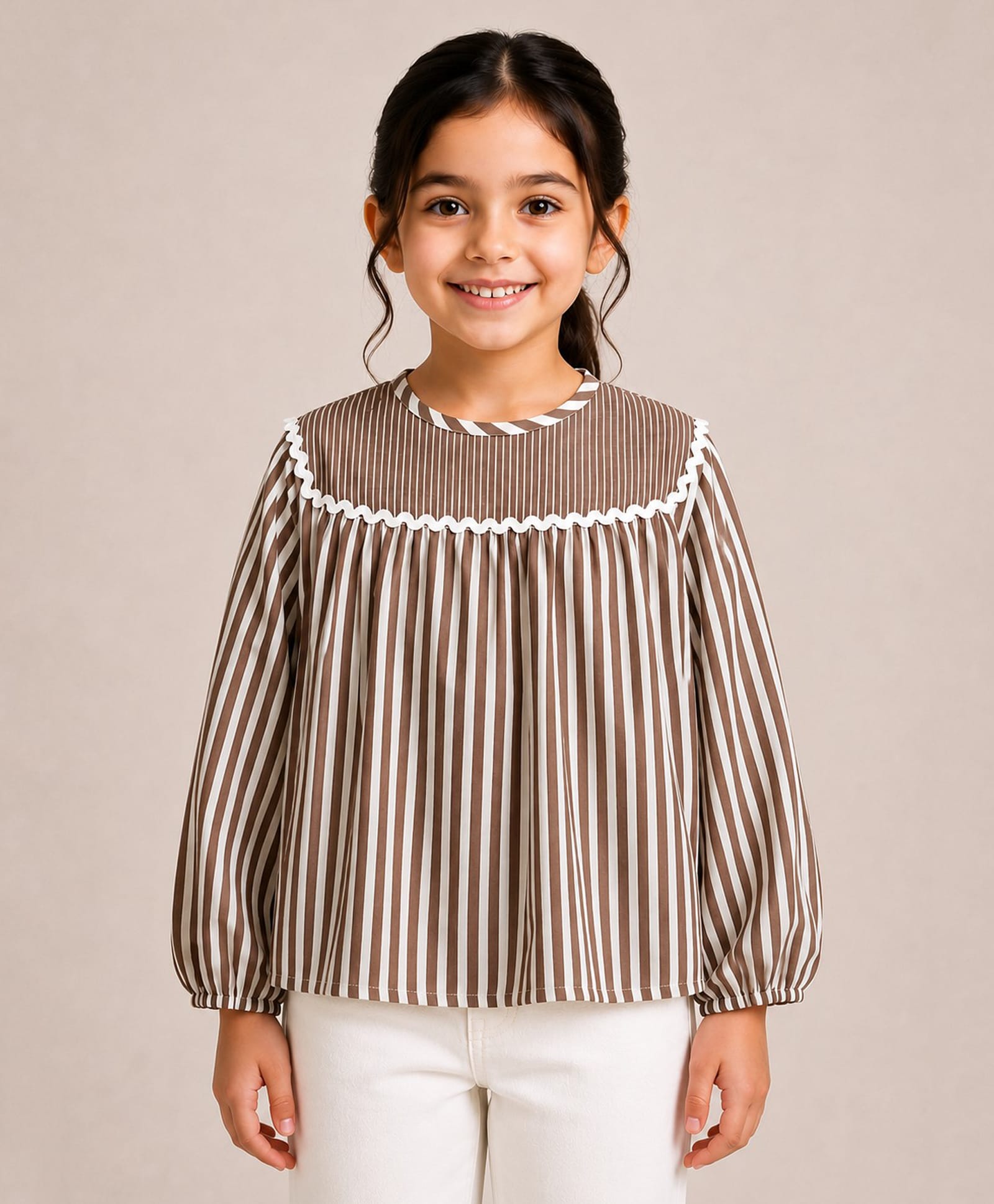 Aww Hunnie Cotton Woven Full Puffed Sleeves Striped & Ric Rac Lace Embellished Top - Brown-picture-12