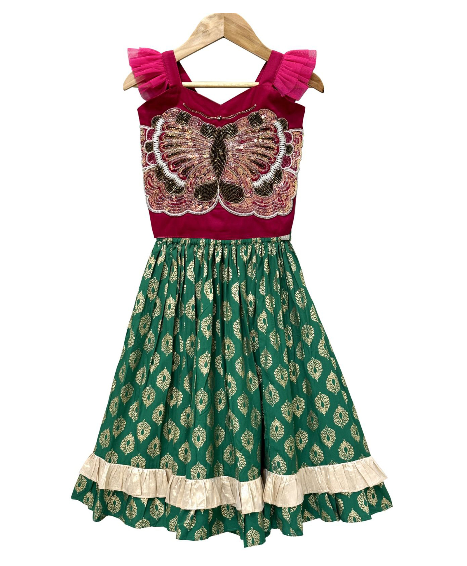 Twisha Woven Sleeveless Beads & Sequins Embellished Butterfly Designed Lehenga Choli Set - Pink & Green-image-21