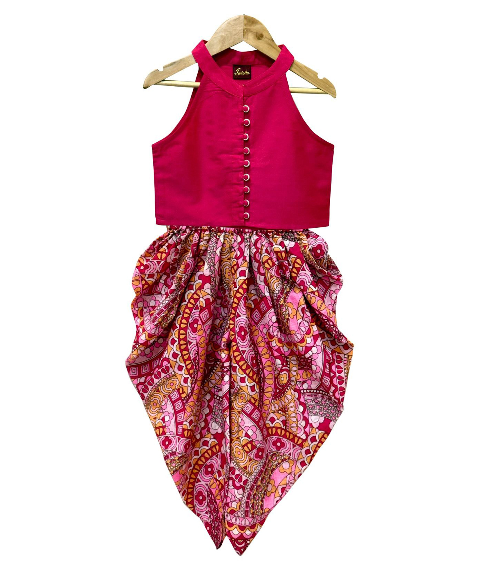 Twisha Chanderi Woven Sleeveless Buttons Detailed Top & Floral Printed Dhoti Set - Pink-image-17