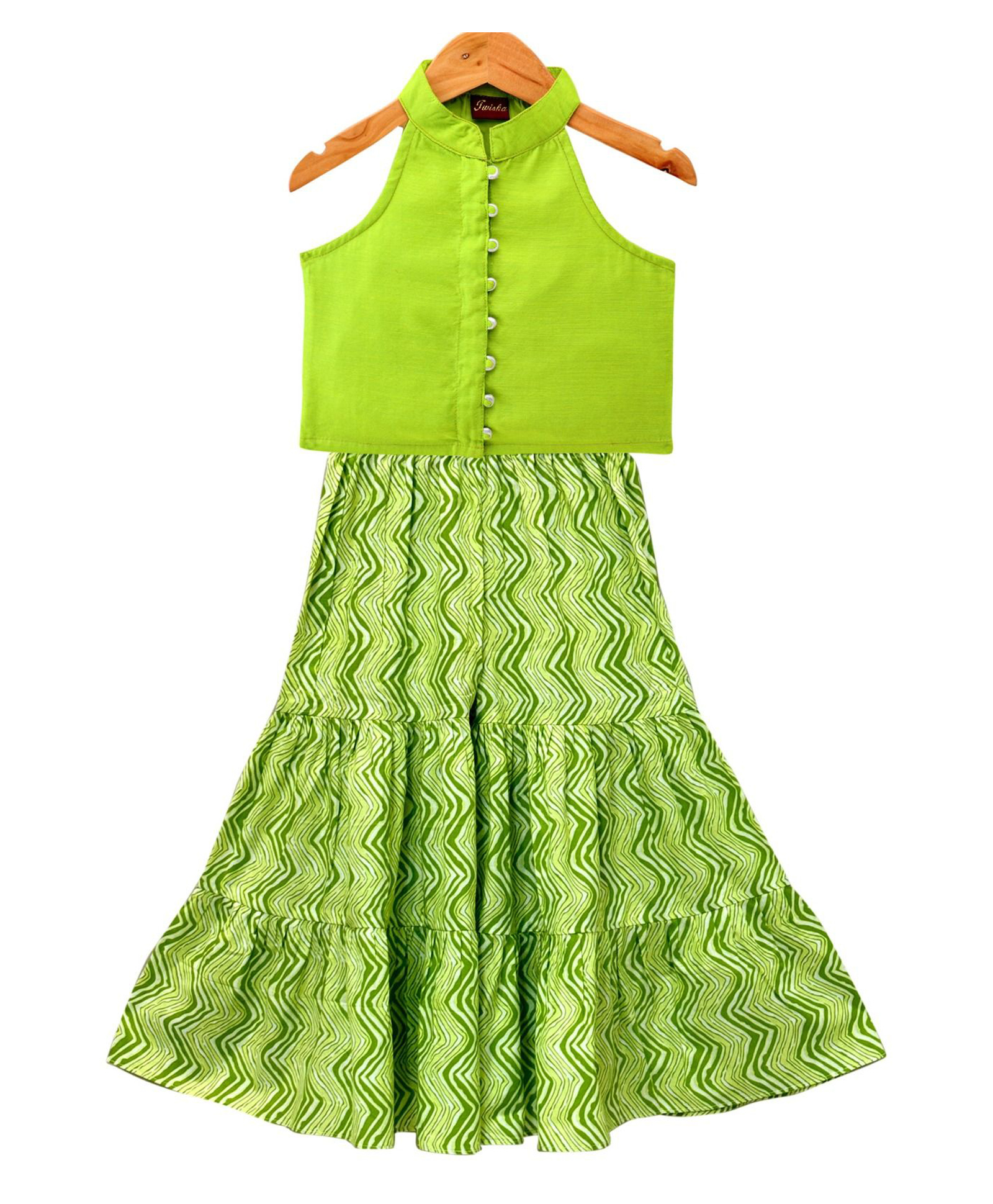Twisha Chanderi Woven Sleeveless Buttons Detailed Top & Chevron Printed Sharara Set - Limegreen-image-13