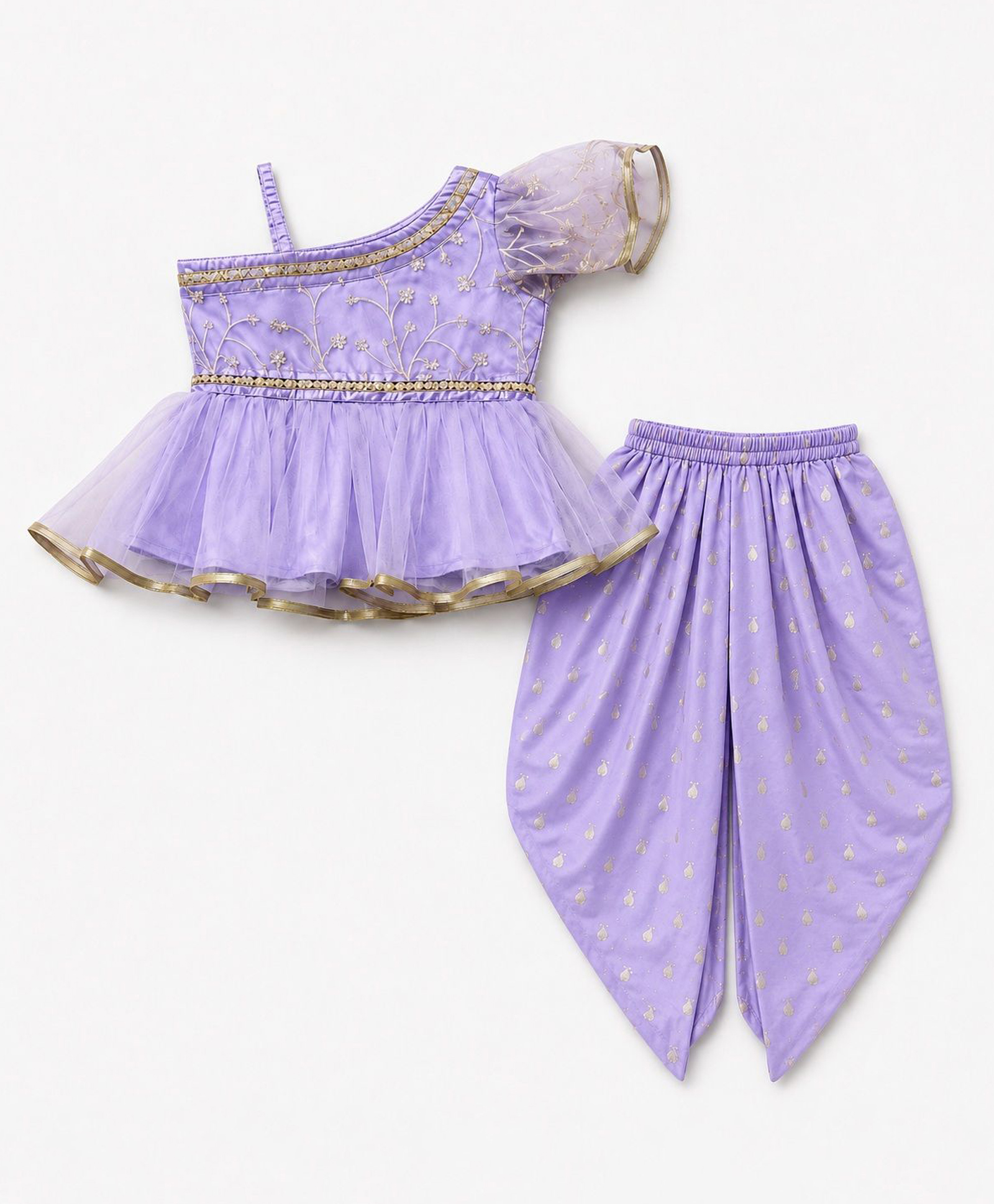 Twisha Net Woven One Shoulder Half Sleeves Lace Embellished Floral Embroidered Top & Dhoti Set -Purple-picture-15