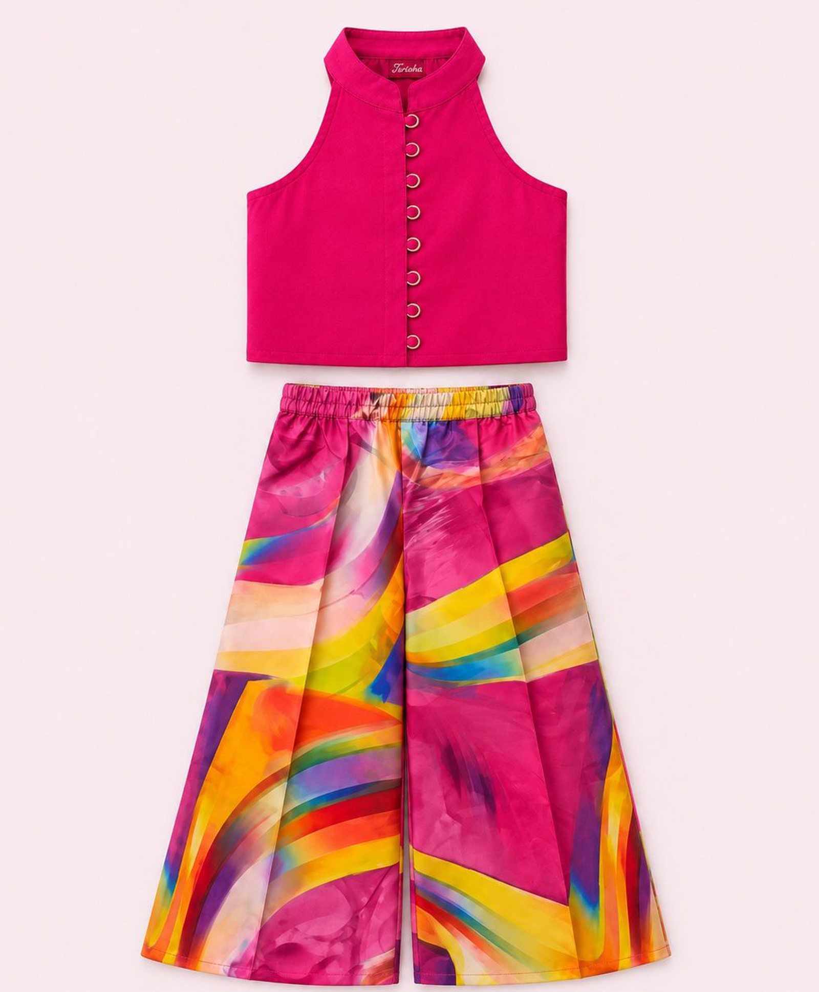Twisha Chanderi Woven Sleeveless Button Detailed Top & Palazzo Set - Pink & Multi Colour-image-32