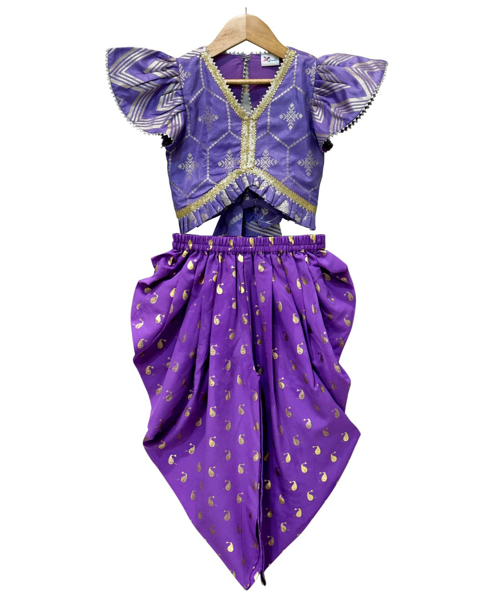 Twisha Woven Half Sleeves Lace Embellished Top & Dhoti Set - Purple-image-43