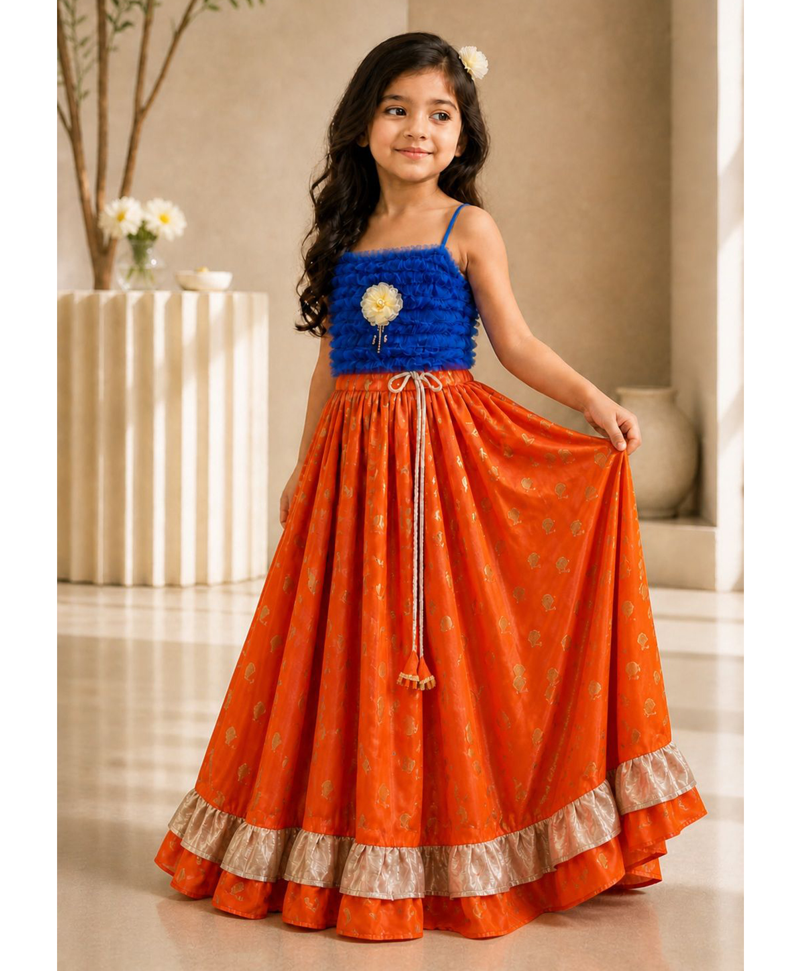 Twisha Woven Sleeveless Floral Applique Detailed Top & Lehenga Set - Blue & Orange-image-18