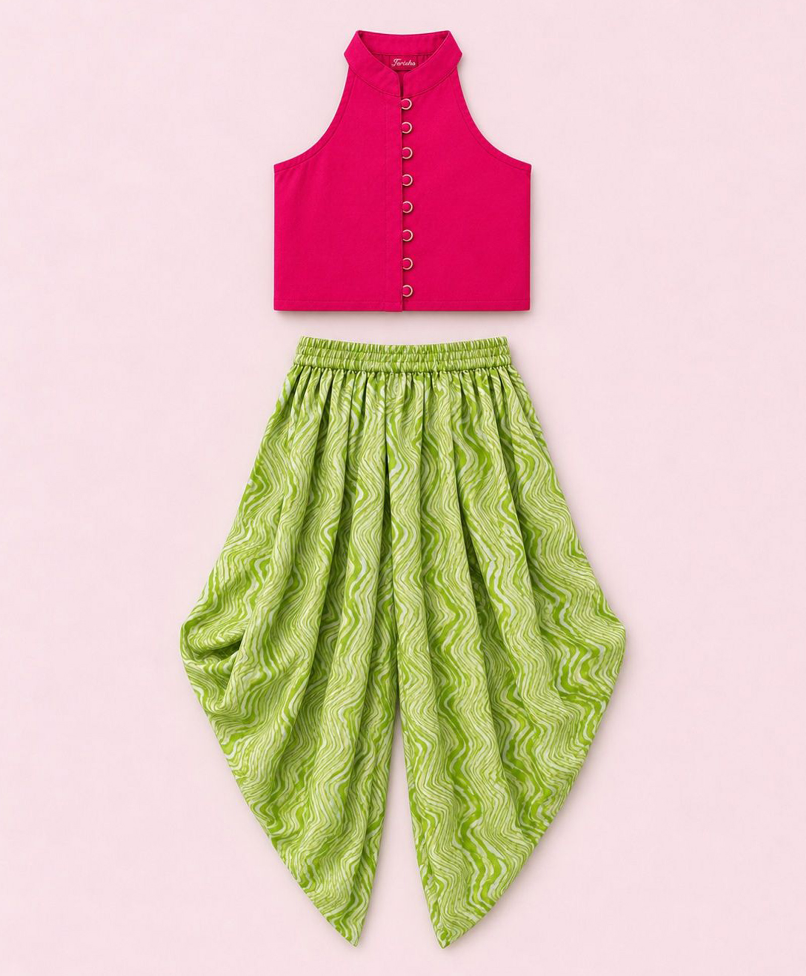 Twisha Chanderi Woven Sleeveless Button Detailed Top & Chevron Printed Dhoti Set -Pink & Limegreen-image-14