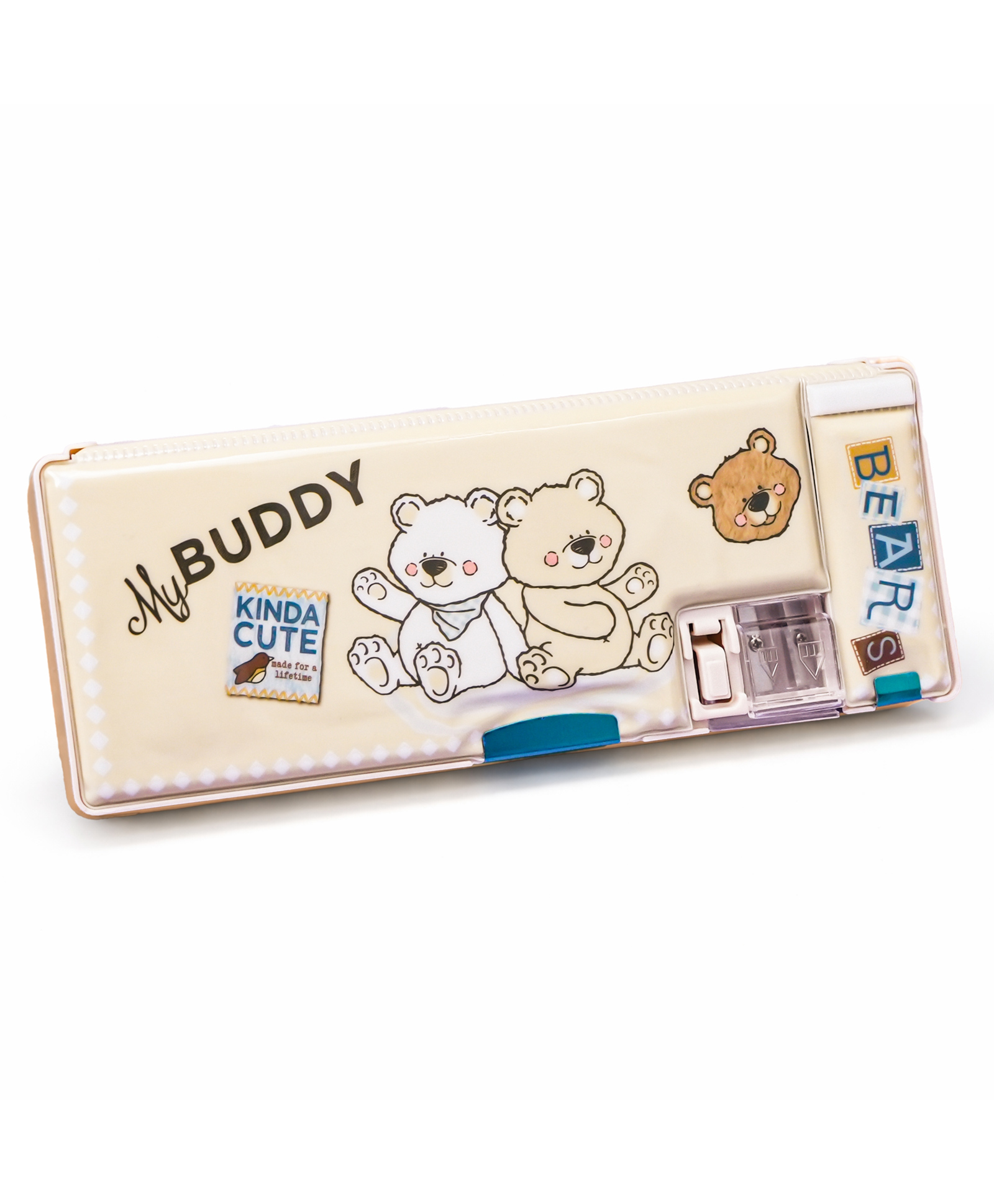 QIPS Bear Print Double-Sided Pencil Box | Magnetic Lock, Pen Holder & Inbuilt Sharpeners | Large Capacity Beige Plastic Pencil Case for Kids-picture-42