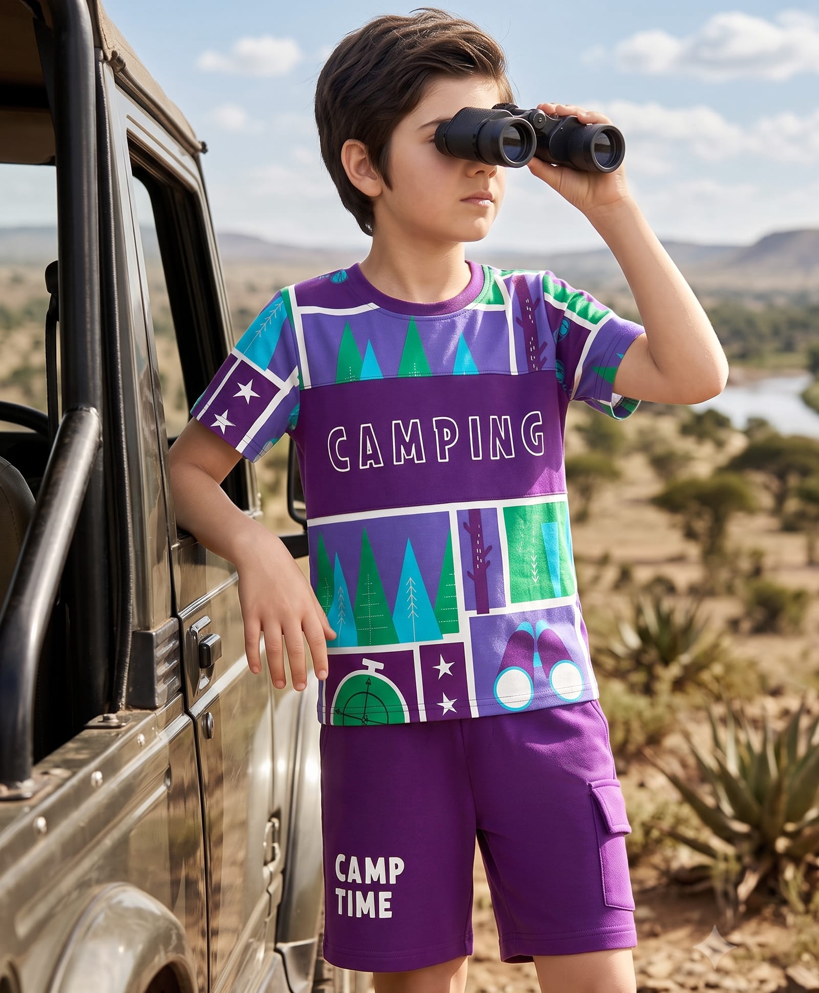 OLLINGTON ST. Cotton Sinker Knit Camping Printed Half Sleeve T-Shirt & Shorts Set - Purple-picture-24