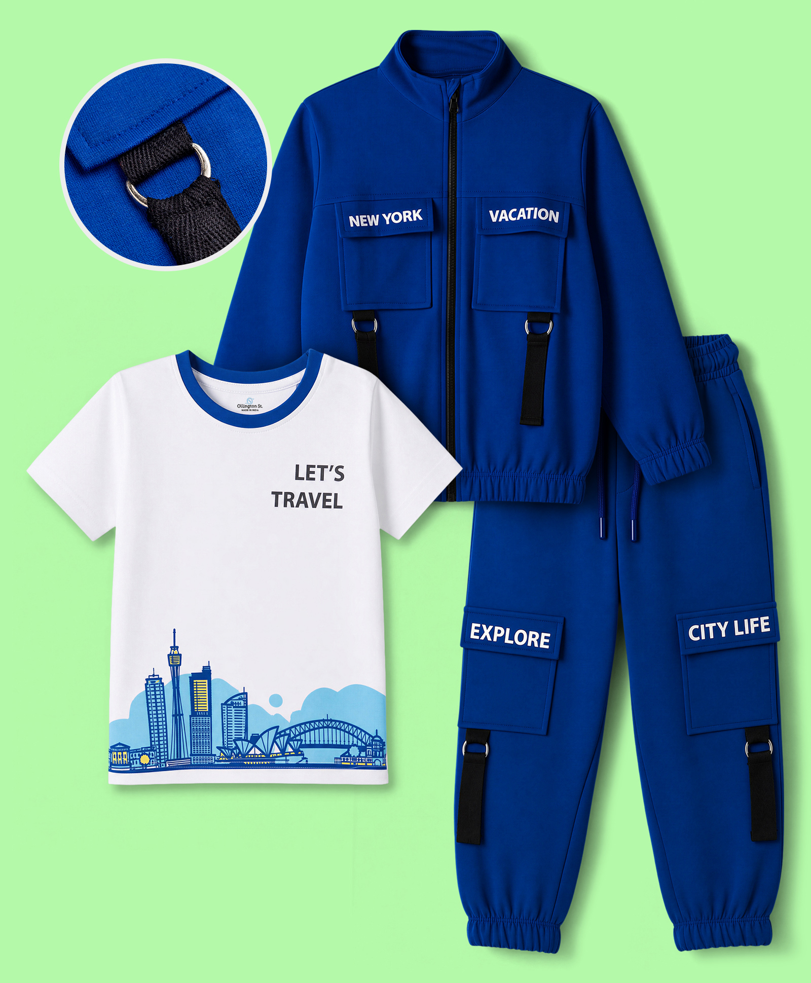 OLLINGTON ST. Cotton Knit Full Sleeves Text Printed Front Zipper Sweatshirt with T-Shirt & Joggers Set - Blue & White-image-28