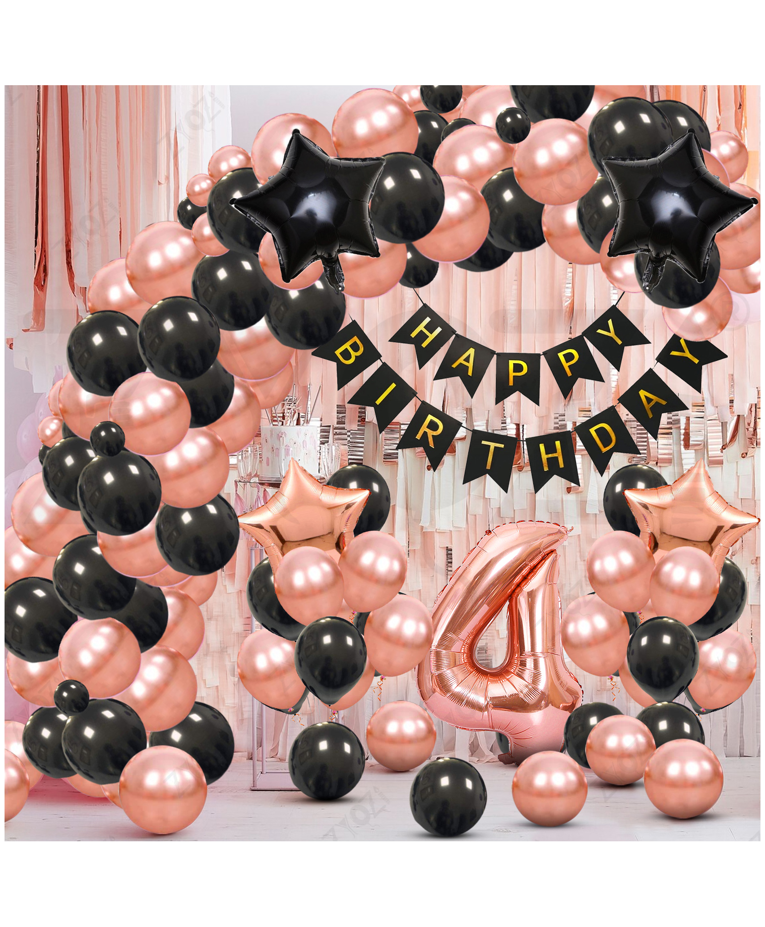 Zyozi 4th Birthday Decorations Kit, RoseGold & Black Theme-Pack Of 58-image-42