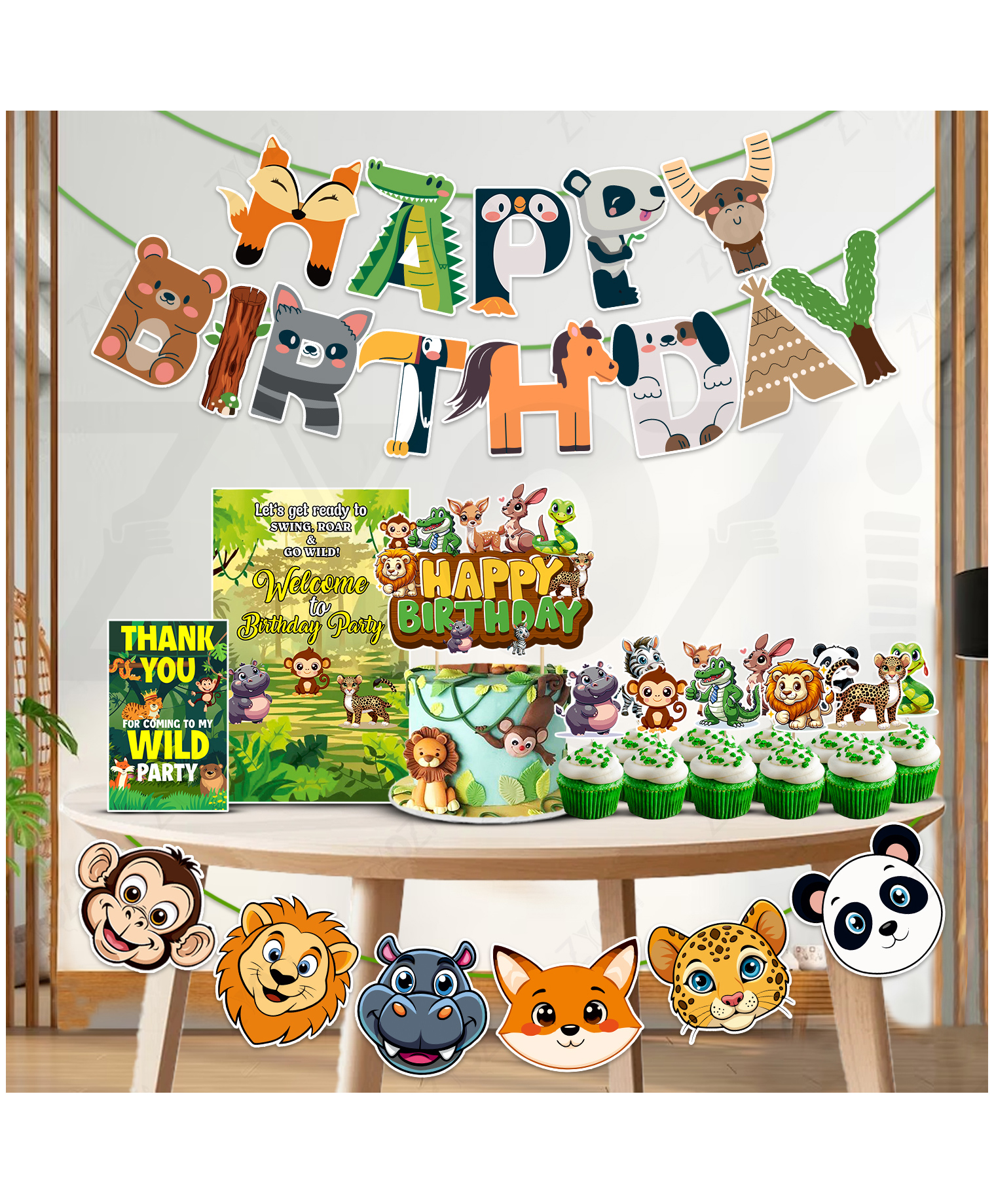 Zyozi Jungle Safari Theme Birthday Decorations Kit with Banner, Cupcake Toppers, Card, Character Banner-Multi 35 pcs-picture-22