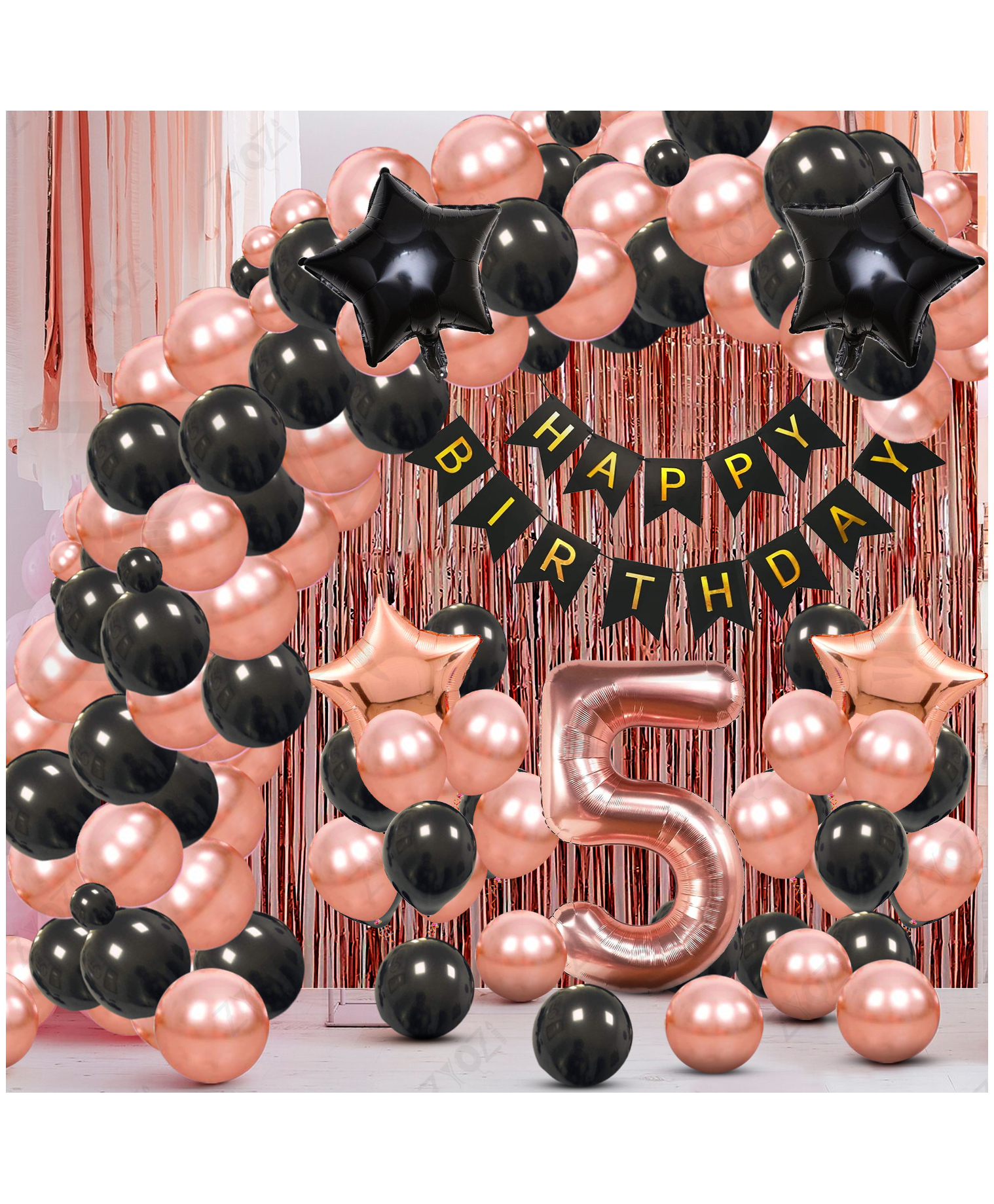 Zyozi 5th Birthday Party Decorations Set, RoseGold & Black Theme-Pack Of 60-picture-36