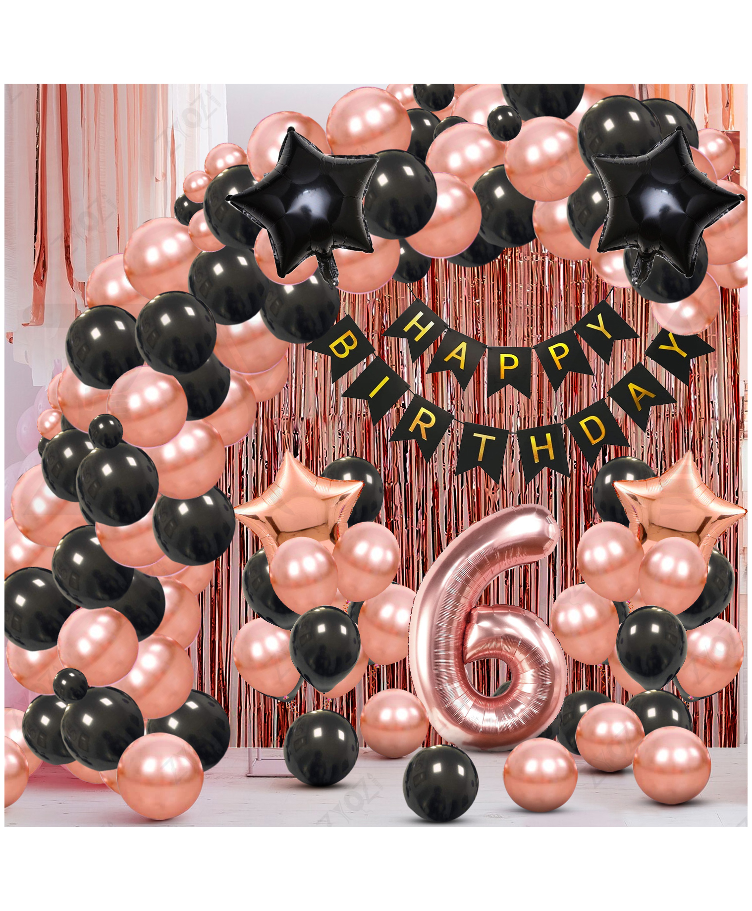 Zyozi 6th Birthday Party Decorations Set, RoseGold & Black Theme-Pack Of 60-picture-35