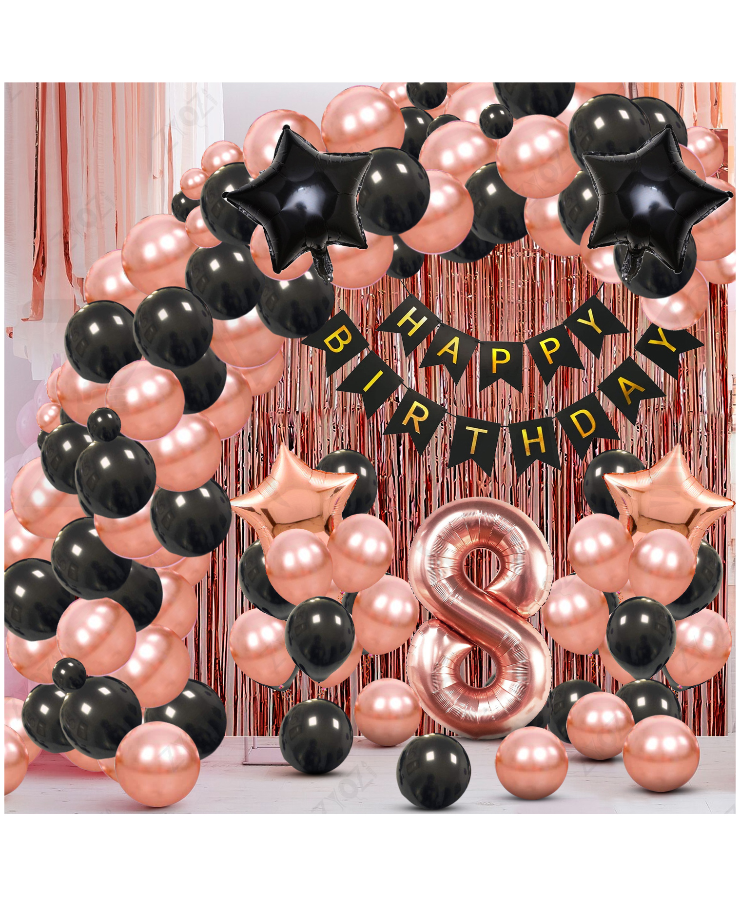 Zyozi 8th Birthday Party Decorations Set, RoseGold & Black Theme-Pack Of 60-picture-33