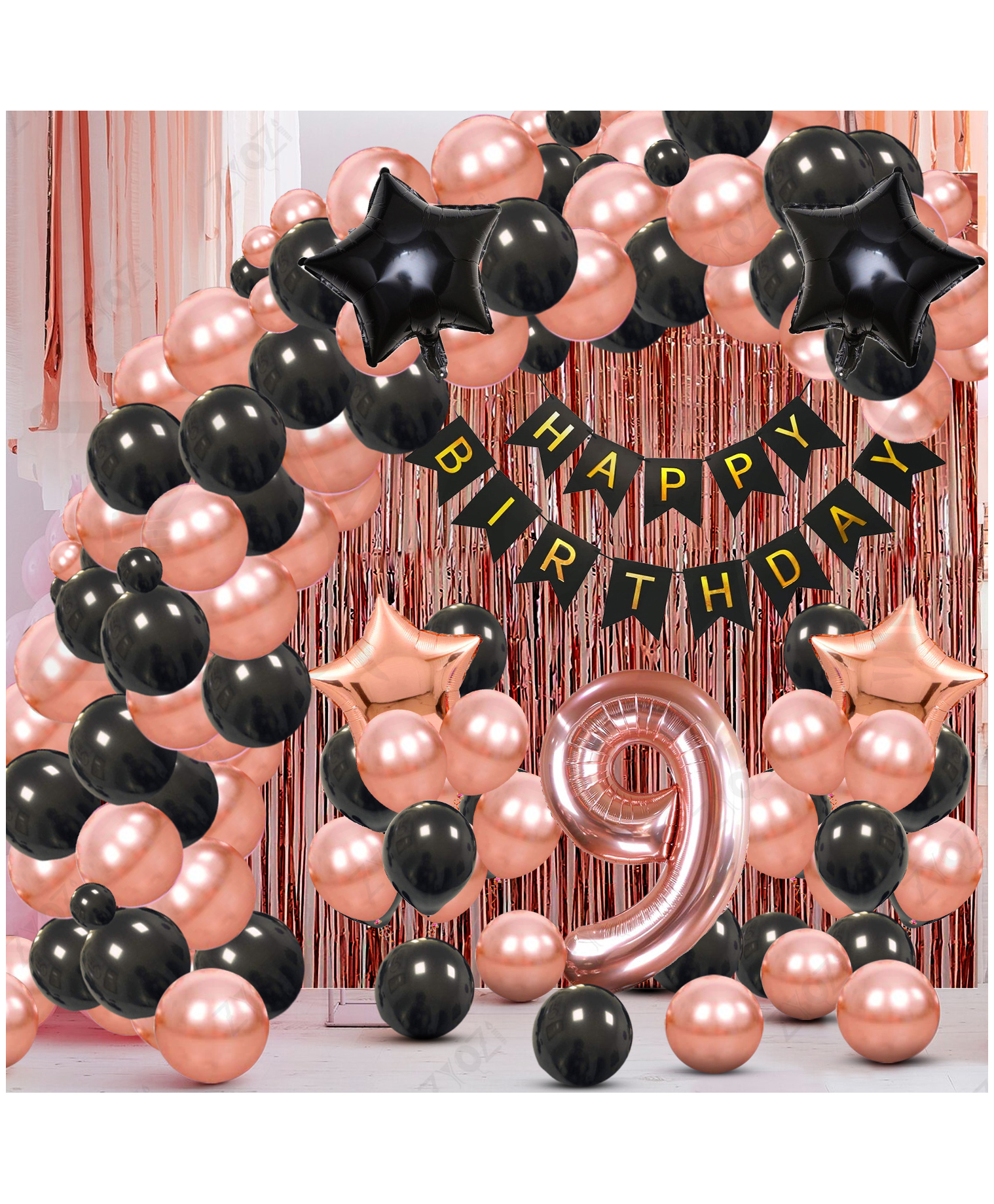 Zyozi 9th Birthday Party Decorations Set, RoseGold & Black Theme-Pack Of 60-picture-25