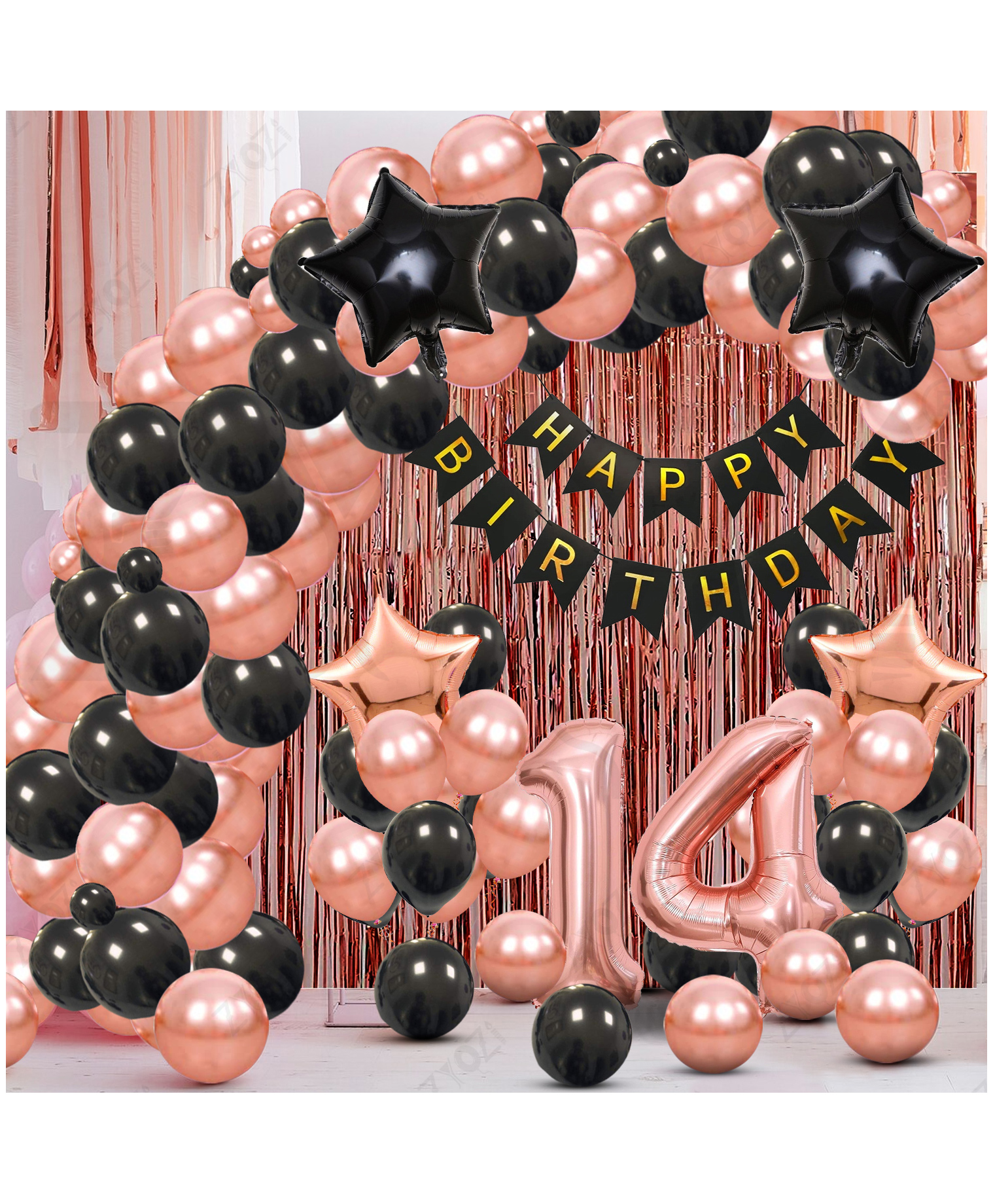 Zyozi 14th Birthday Party Decorations Set, RoseGold & Black Theme-Pack Of 61-picture-26