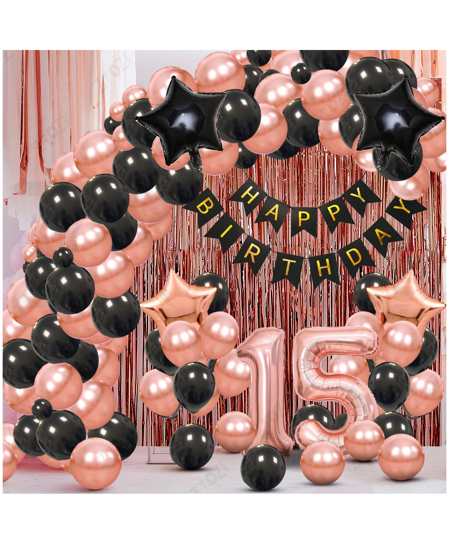 Zyozi 15th Birthday Party Decorations Set, RoseGold & Black Theme-Pack Of 61-picture-27