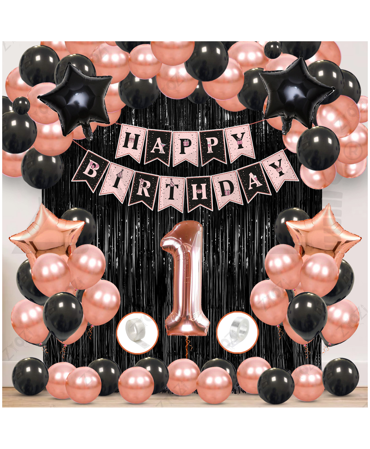 Zyozi 1st Birthday Decorations Kit, RoseGold & Black Theme Pack Of 60-picture-17