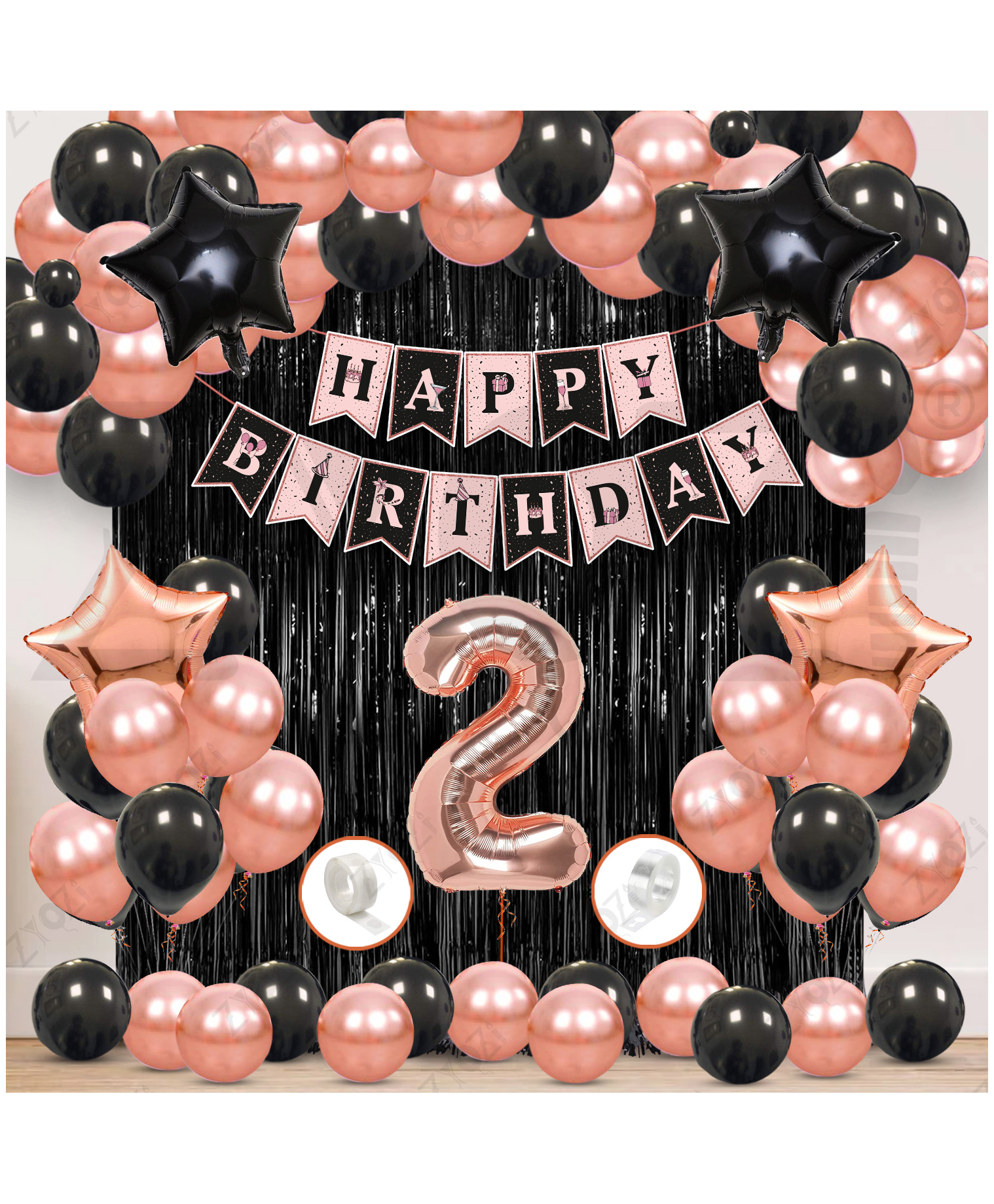 Zyozi 2nd Birthday Decorations Kit, RoseGold & Black Theme Pack Of 60-picture-18
