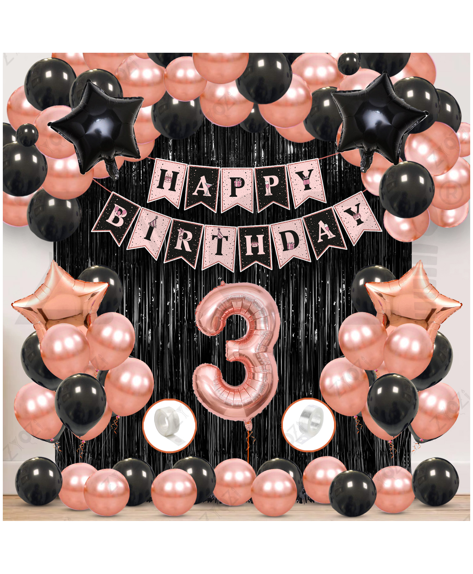 Zyozi 3rd Birthday Decorations Kit, RoseGold & Black Theme Pack Of 60-picture-12