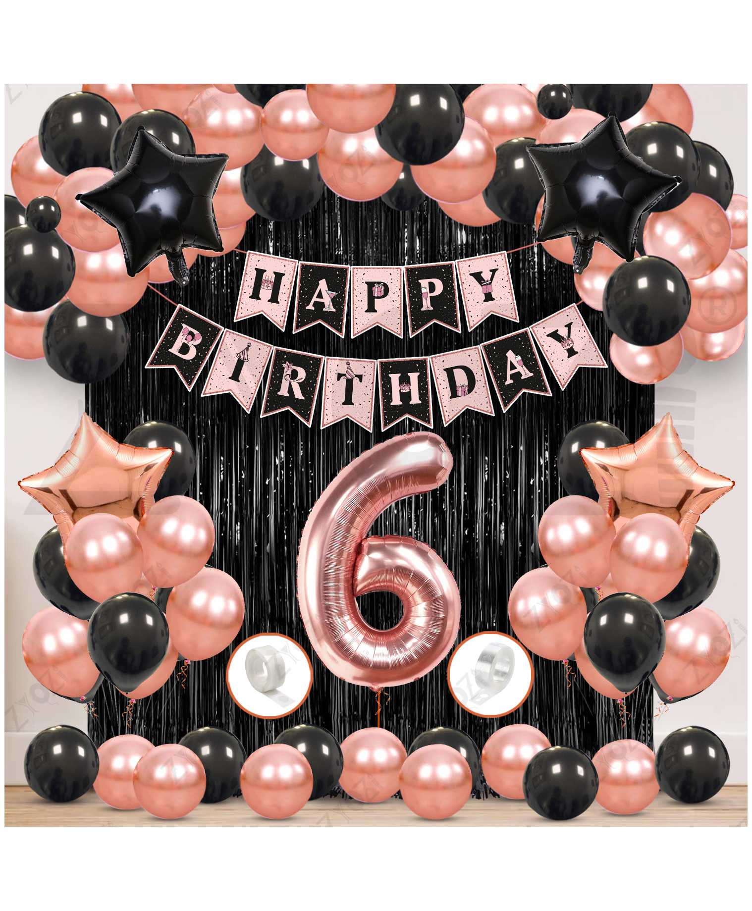 Zyozi 6th Birthday Decorations Kit, RoseGold & Black Theme Pack Of 60-picture-6