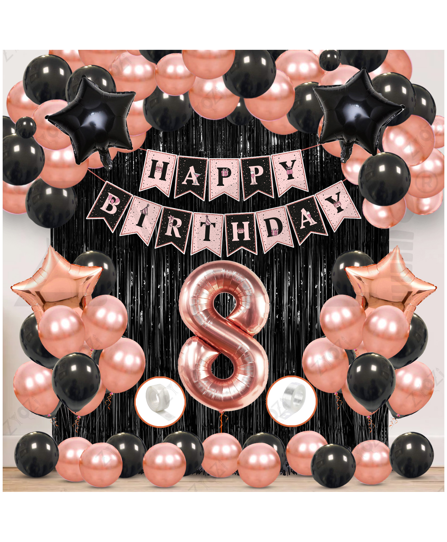 Zyozi 8th Birthday Decorations Kit, RoseGold & Black Theme Pack Of 60-picture-11