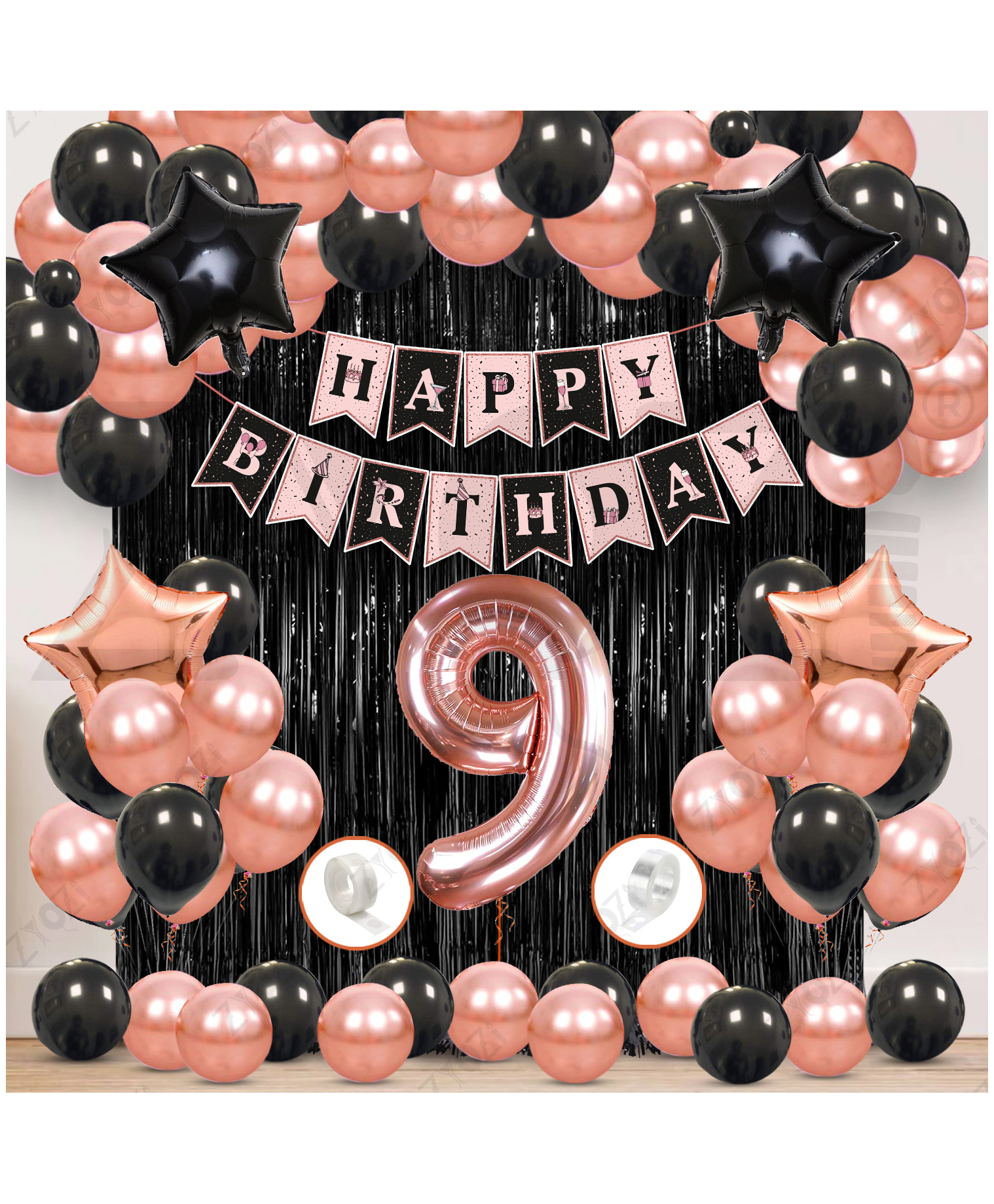 Zyozi 9th Birthday Decorations Kit, RoseGold & Black Theme Pack Of 60-picture-5