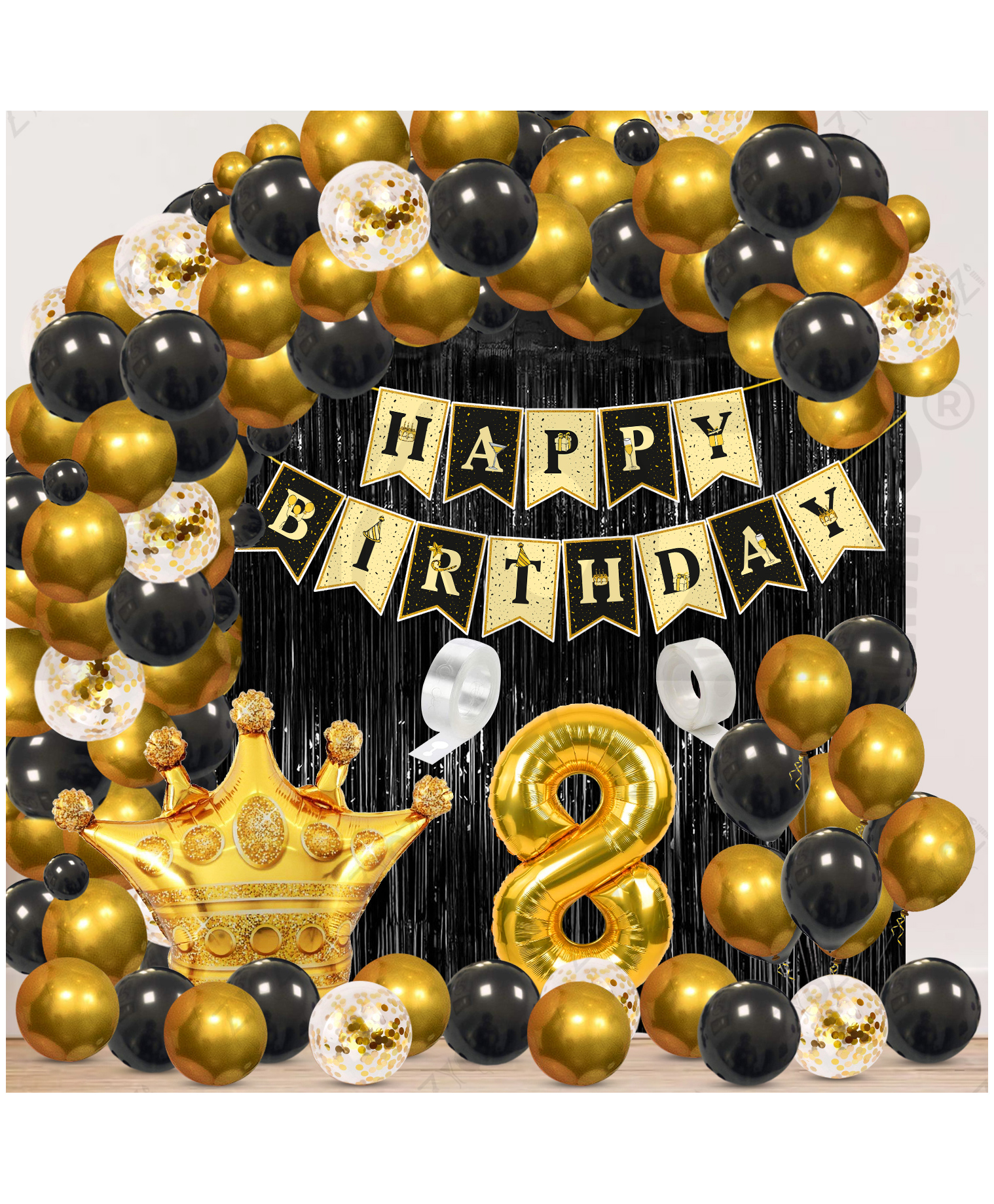 Zyozi 8th Birthday Decorations Combo, Black & Gold Theme-Pack Of 62-picture-18